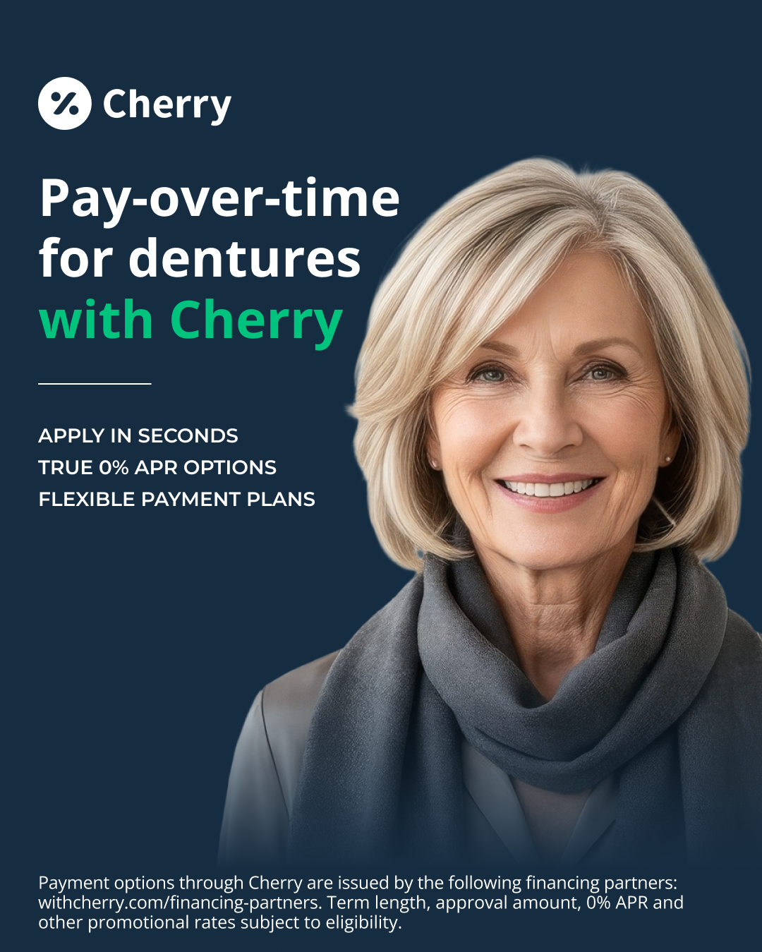 Advertisement for Cherry dental financing with a smiling older woman with blonde hair, wearing a gray scarf, on a dark blue background.