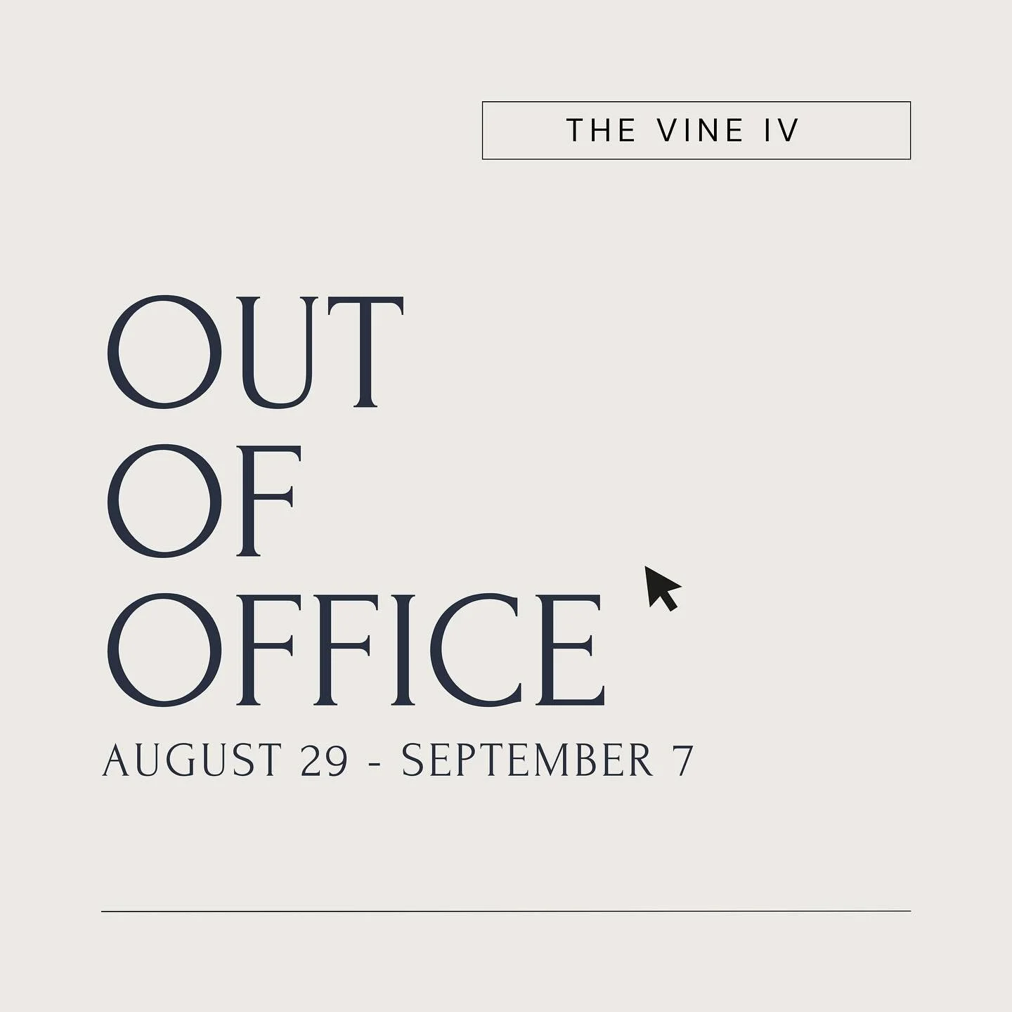 🚨 Upcoming Vacation Notice 🚨

Just a reminder that we will be out of office August 29th - September 7th. Please book your appointments accordingly to avoid disappointment! 

Nurse Jordyn has a few appointments left for this Thursday, August 28th, o