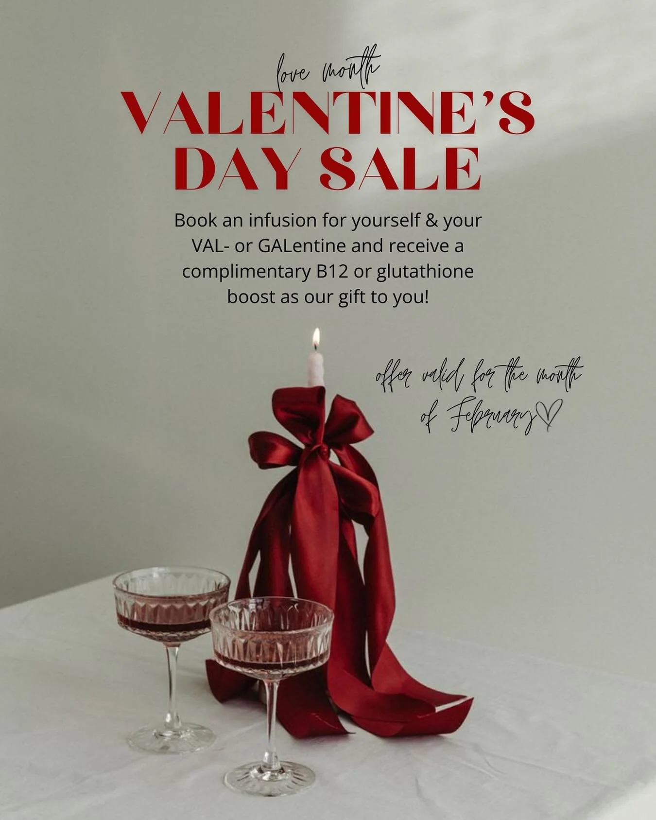 &hearts;️ Our gift to you &hearts;️

Book an infusion with your valentine or galentine this month, and receive a complimentary B12 or Glutathione boost as our gift to you! 

Valid for the month of February. 
*appointments must be at the same time on 