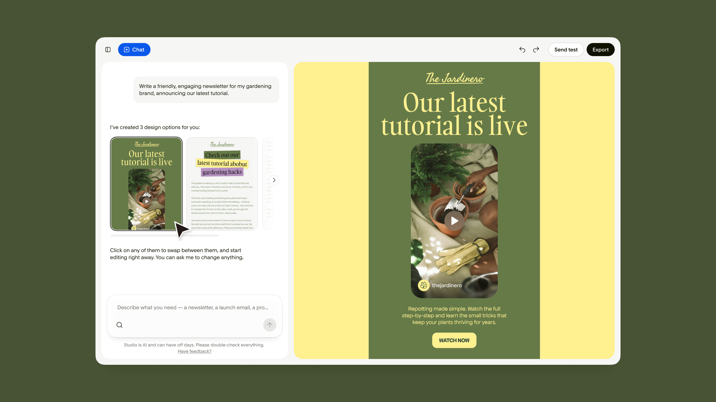 Flodesk Studio workspace with branded newsletter template
