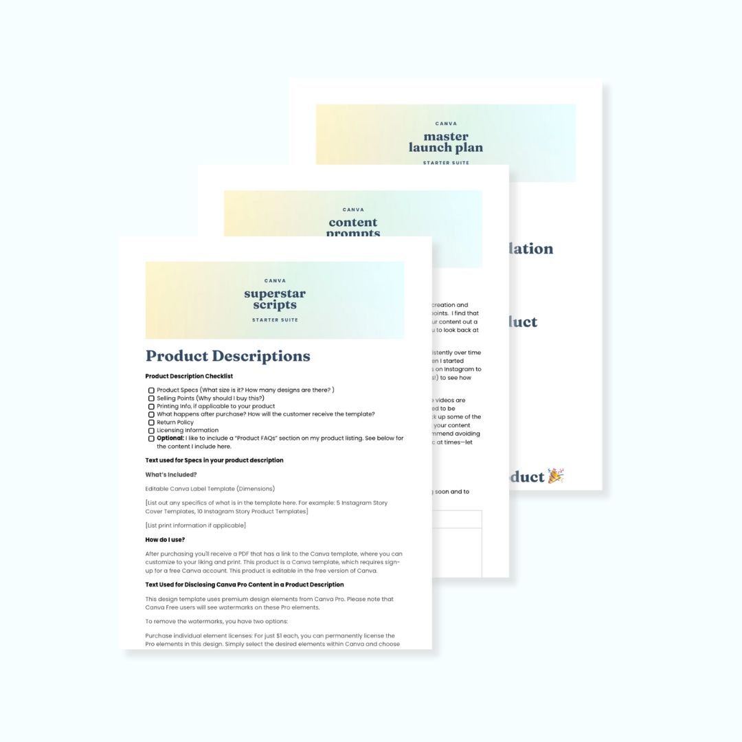 Stack of Canva documents labeled Superstar Scripts, Master Launch Plan, and Content Prompts with text for product descriptions.