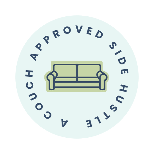 Circular logo with a green couch illustration in the center, surrounded by the text 'APPROVED SIDE HUSTLE A COUCH.'