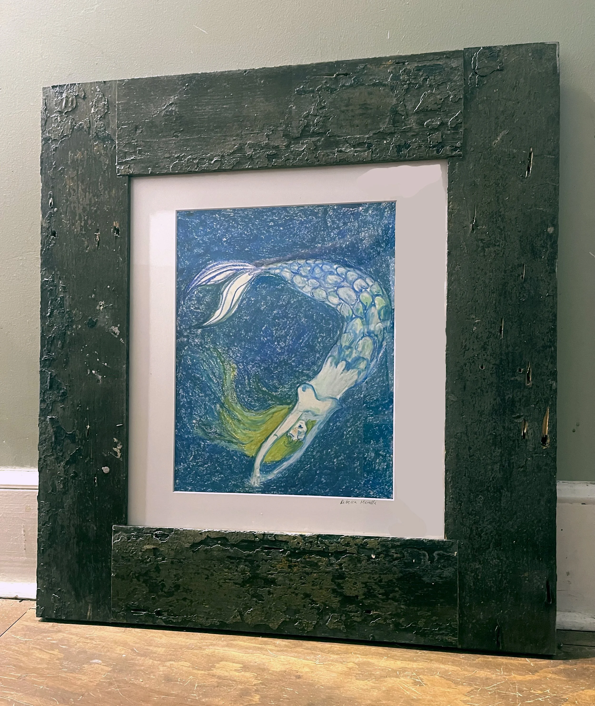 Deep Dive, Rebecca Marella, Oil Pastel in Handmade Antique Wood Frame, $365. 