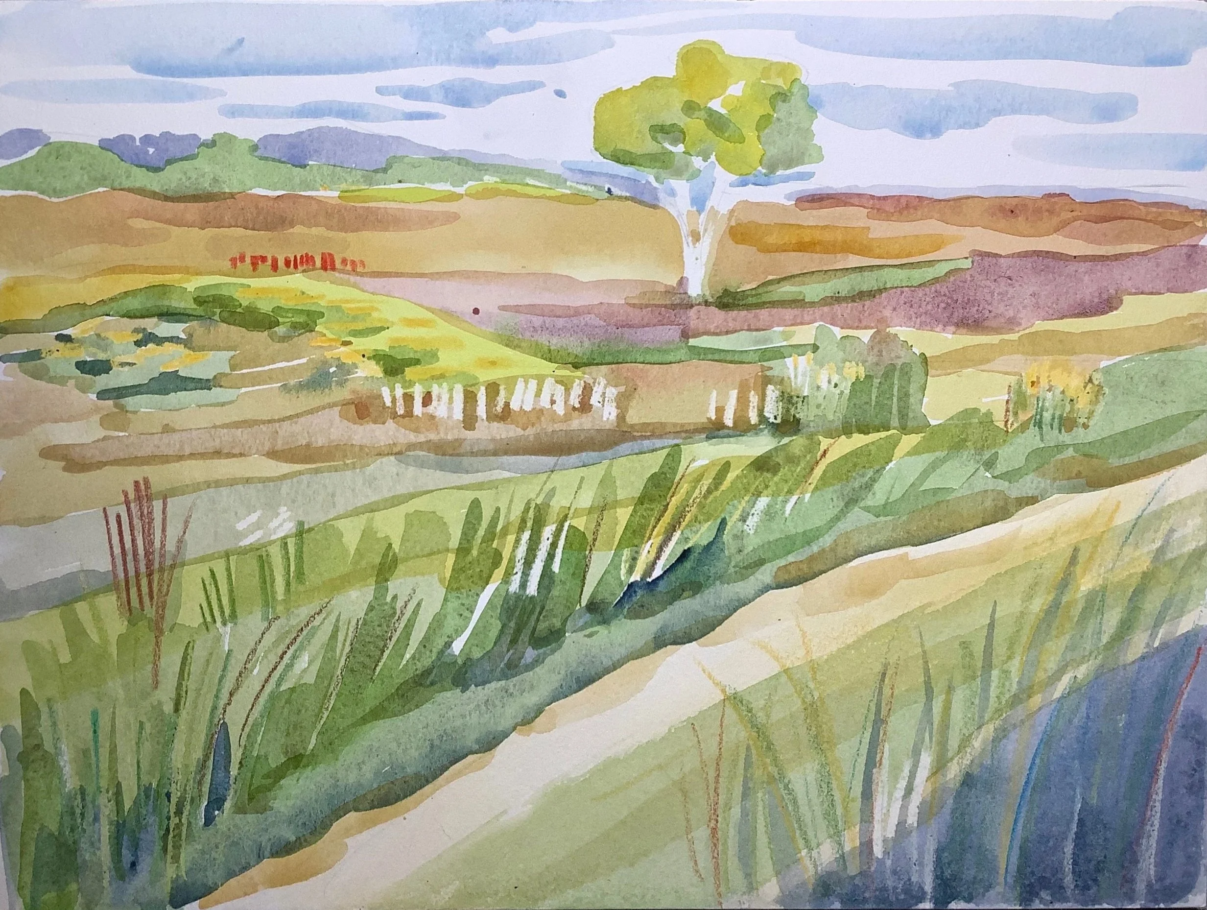 Autumn Meadow, Julia Gittes, Watercolor and Wax Resist, $300.