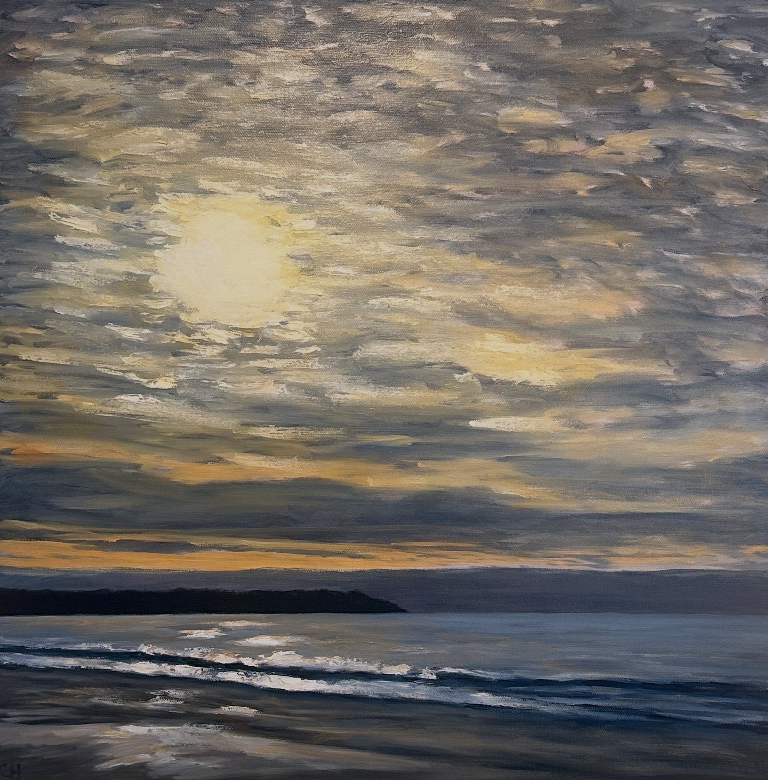 Stratocumulus Clouds Over Gooch's Beach, Cassandra Hahn, Oil on Canvas, $700. (20x20")