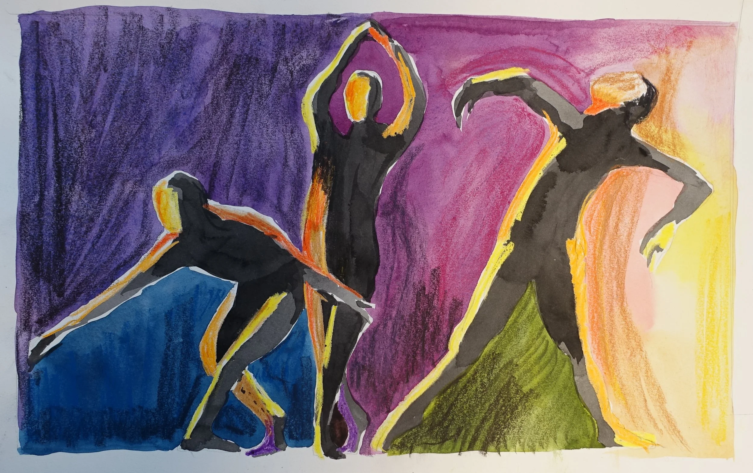 Ballet Combination, Julia Gittes, Watercolor and Wax Resist, $200.