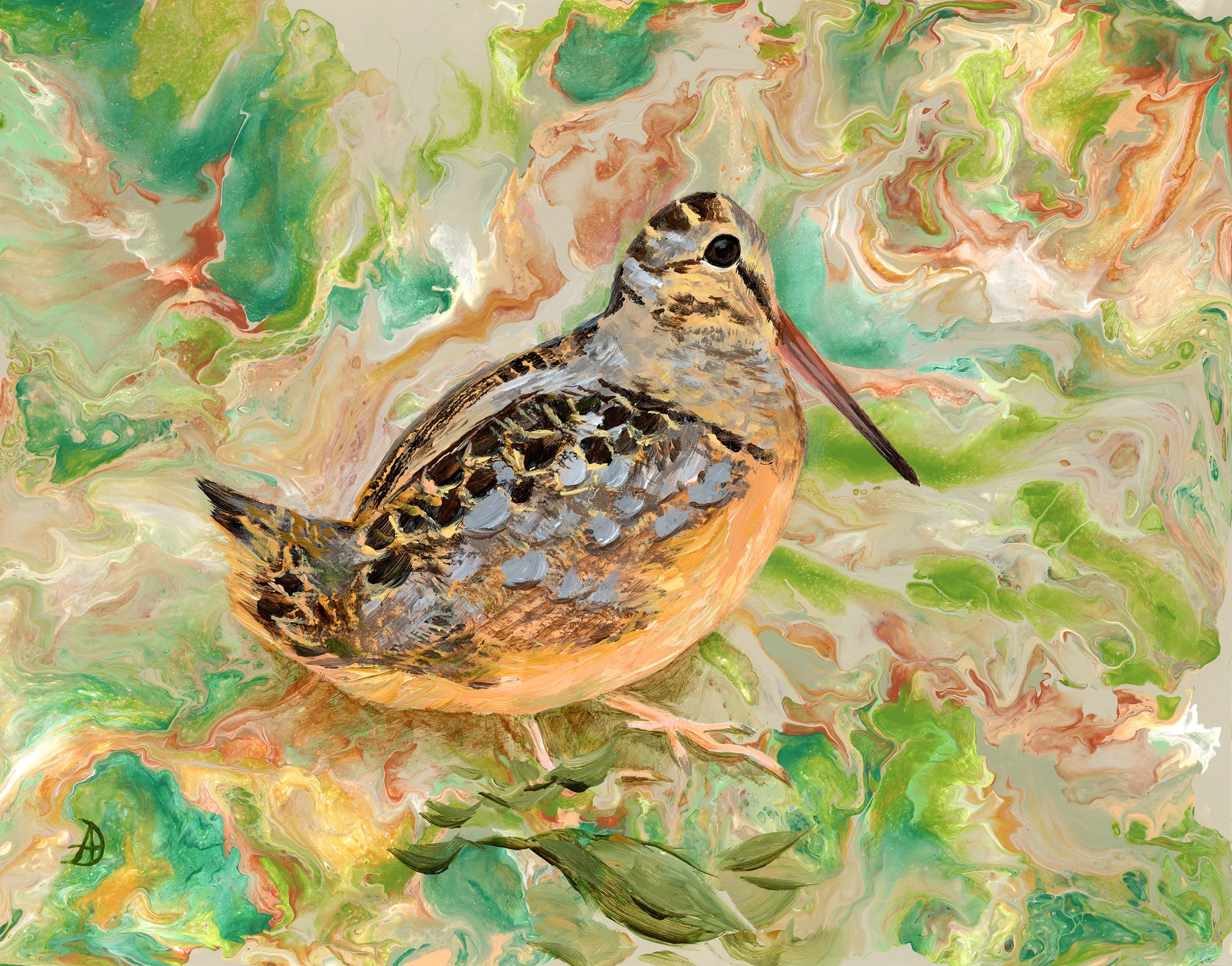 Camouflaged Woodcock, Andreea Dumez, Acrylic on Panel, $650. 16x19"