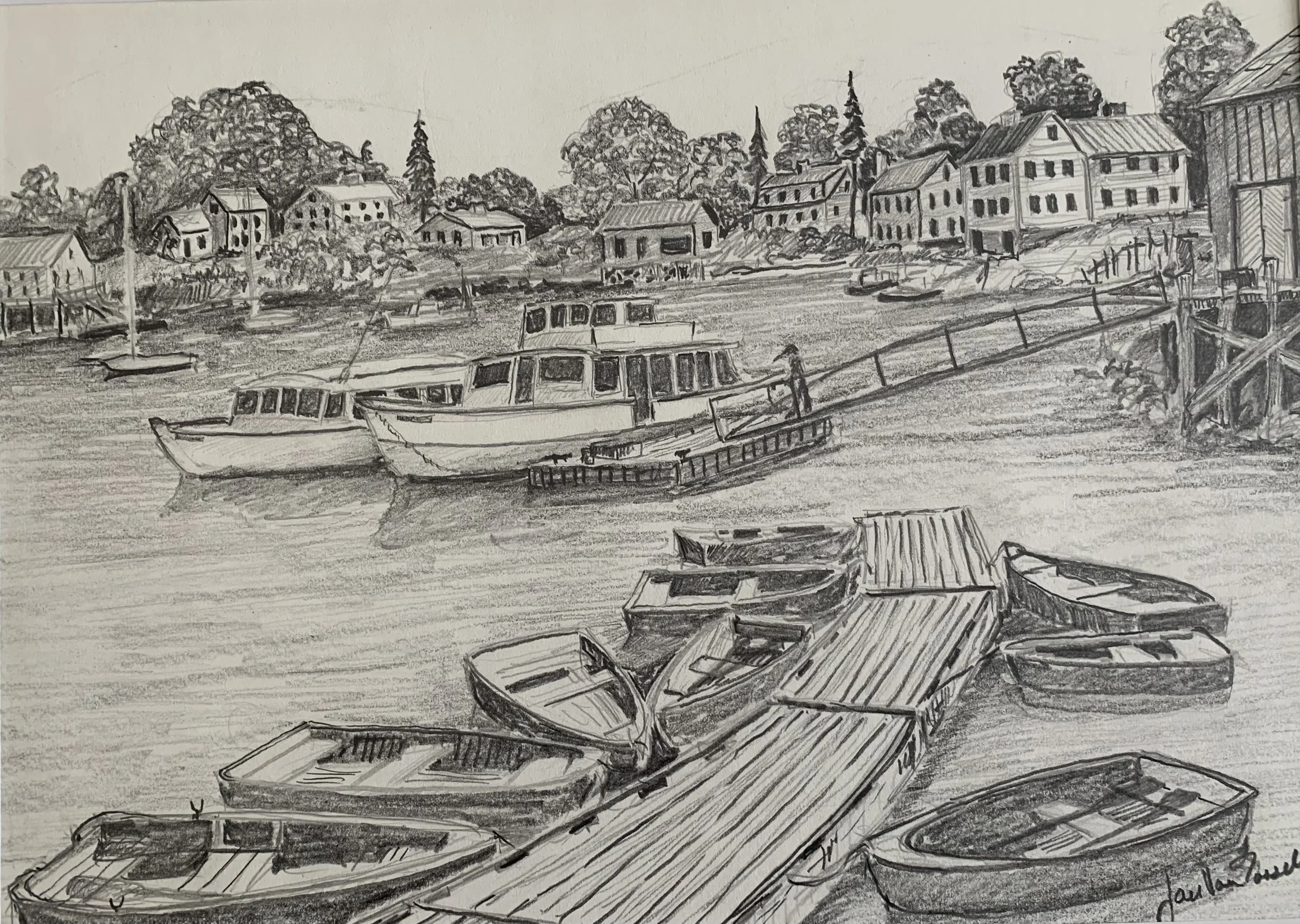 Perkins Cove, Jan Van Tassell, Graphite, $320.