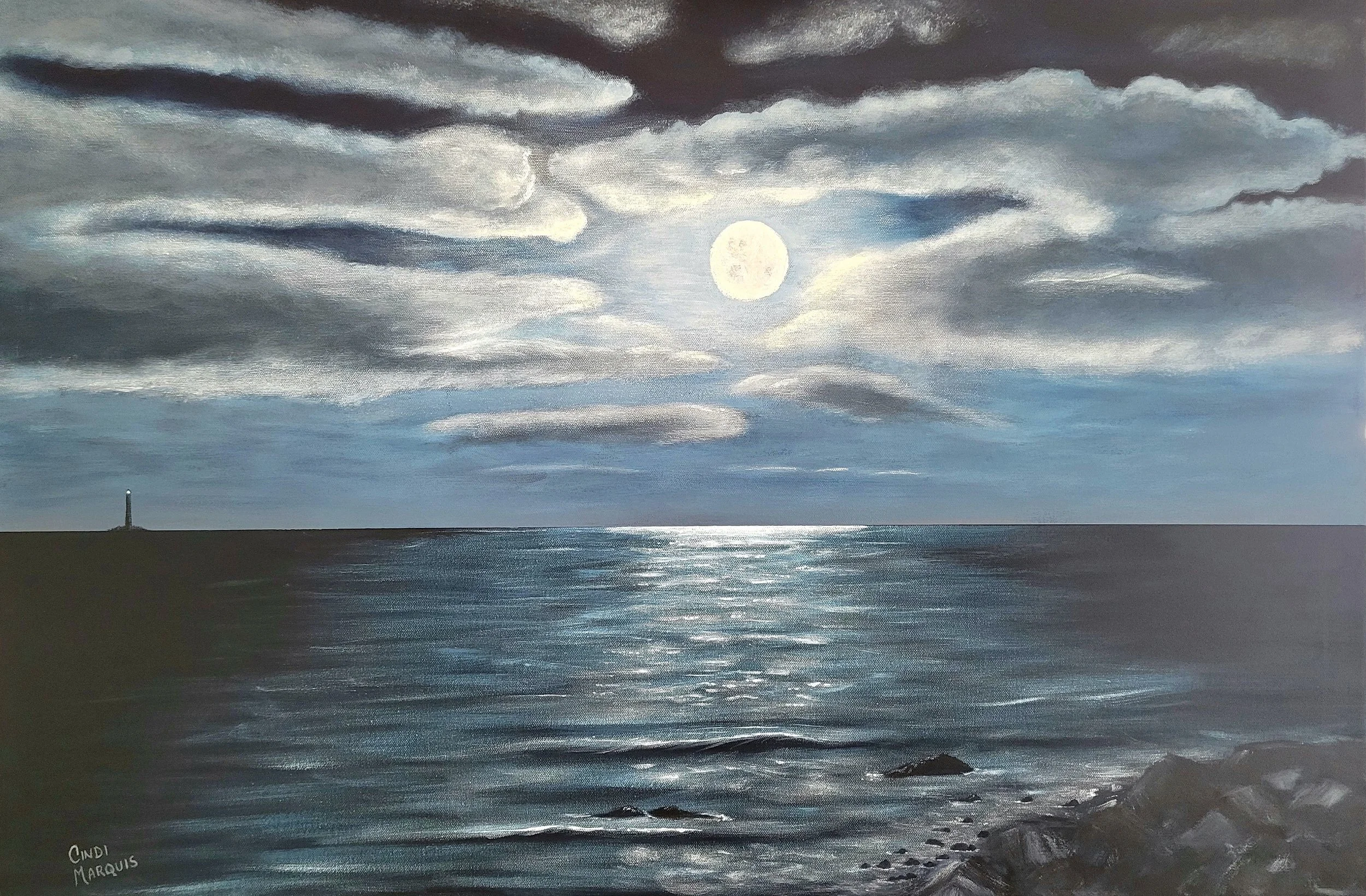 Full Moon Over Boon Island, Long Sands Beach, York, ME, Cindi Marquis, Acrylic, $1550. (25"x37")