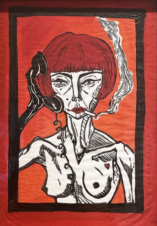Touching From A Distance, Leigh Anita, Linocut with Gouache, $125.