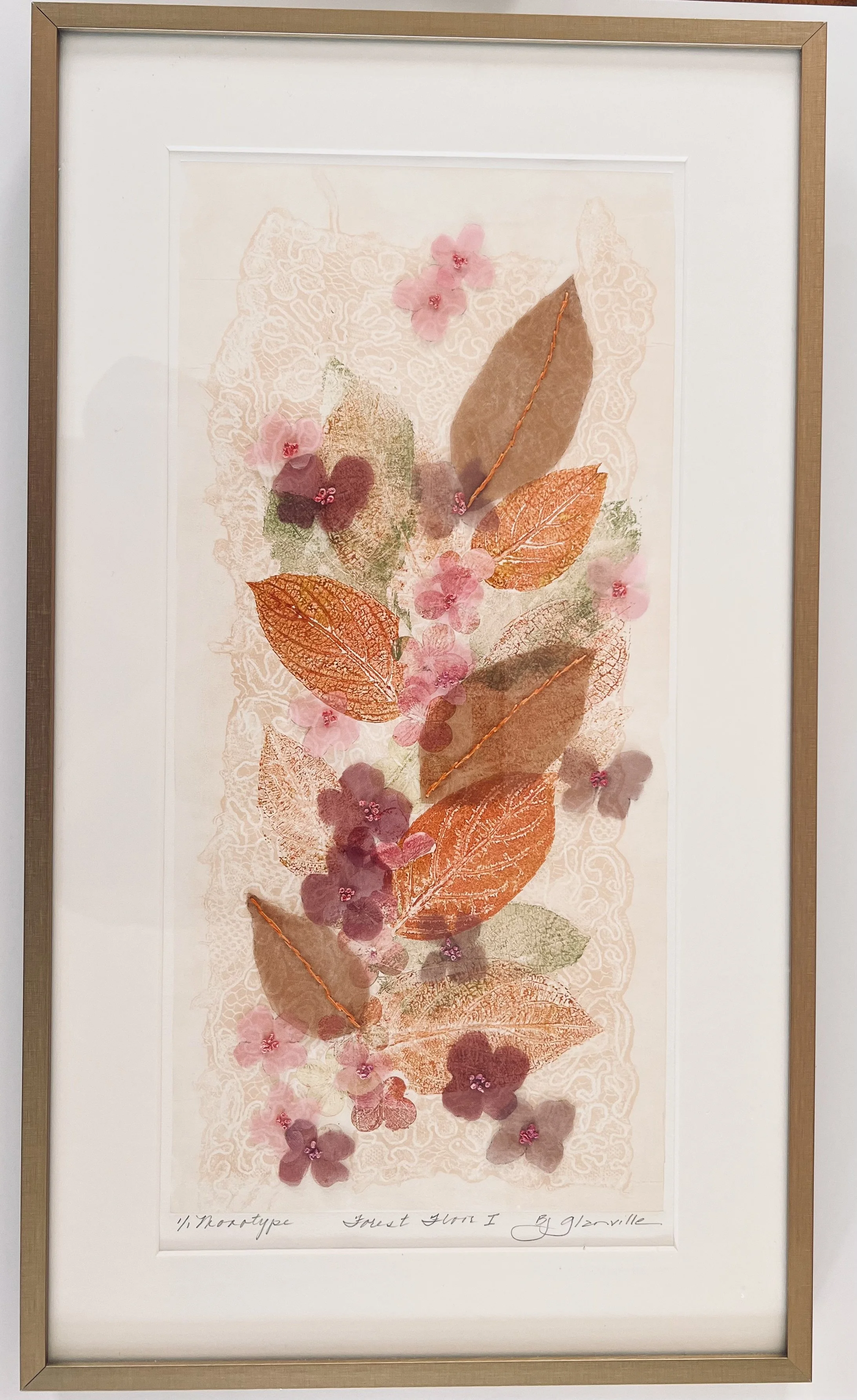 Forest Floor I, BJ Glanville, Monotype and Organza with Stitching, $375. (22"x13")