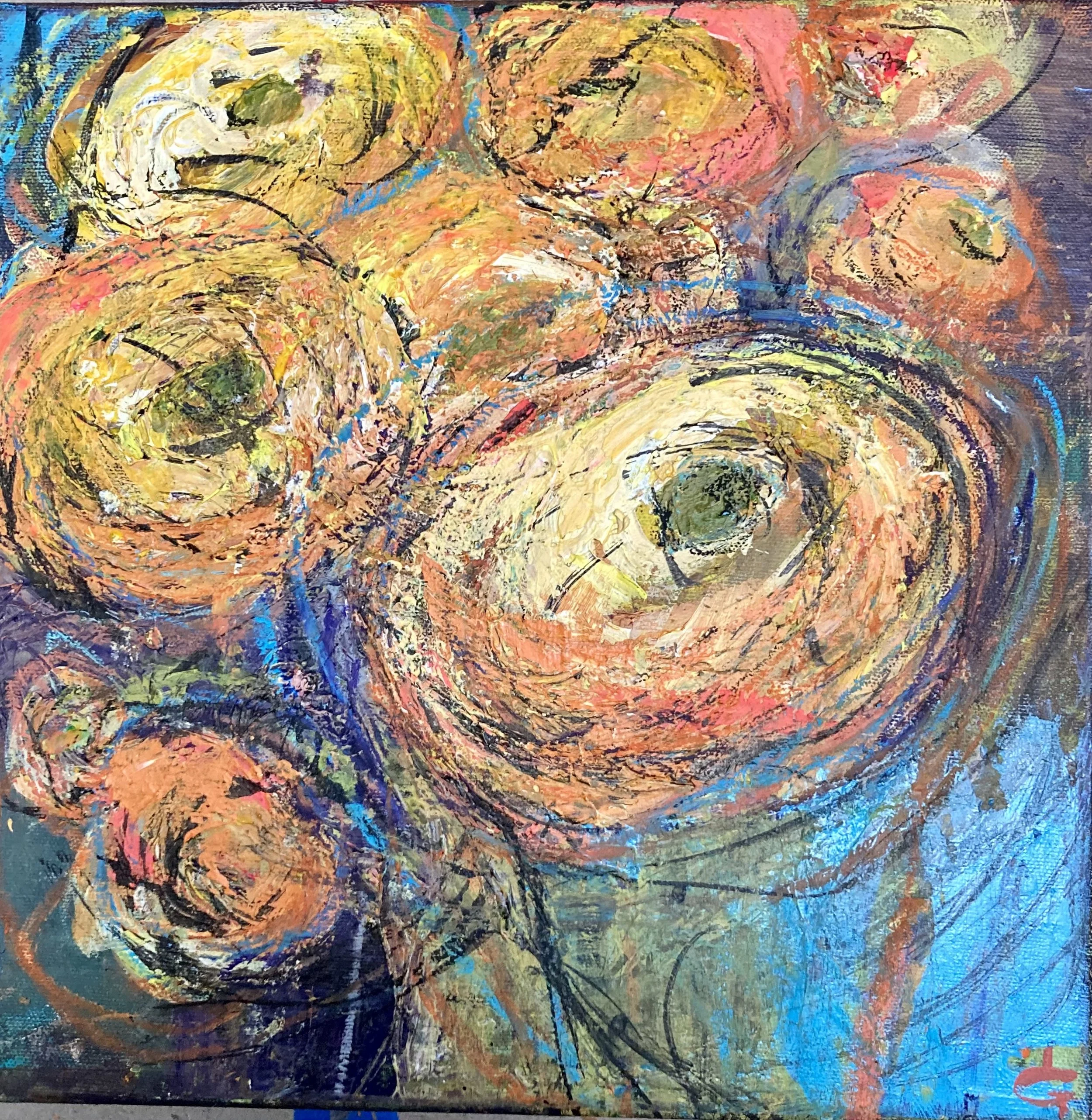 Ranunculus II, Lisa Genatossio, Acrylic + Oil Pastel, $250.