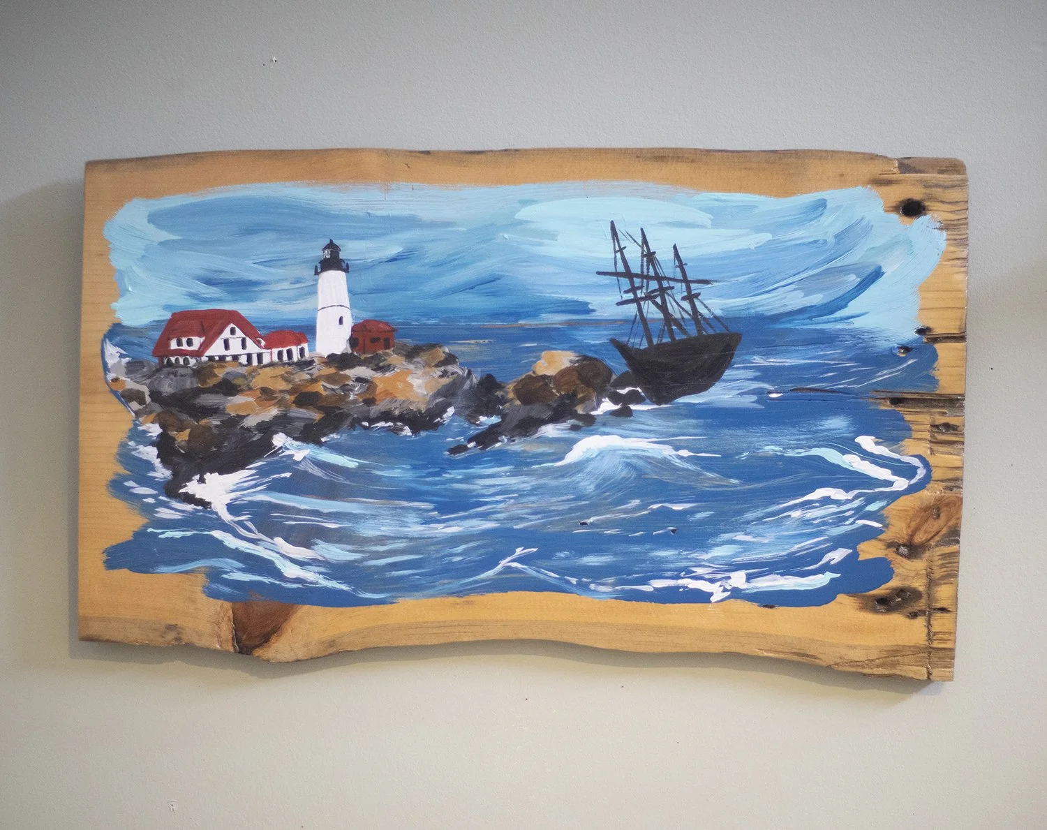 Portland Head Shipwreck, Rebecca Marella,Acrylic on Reclaimed Barn Wood, $400.