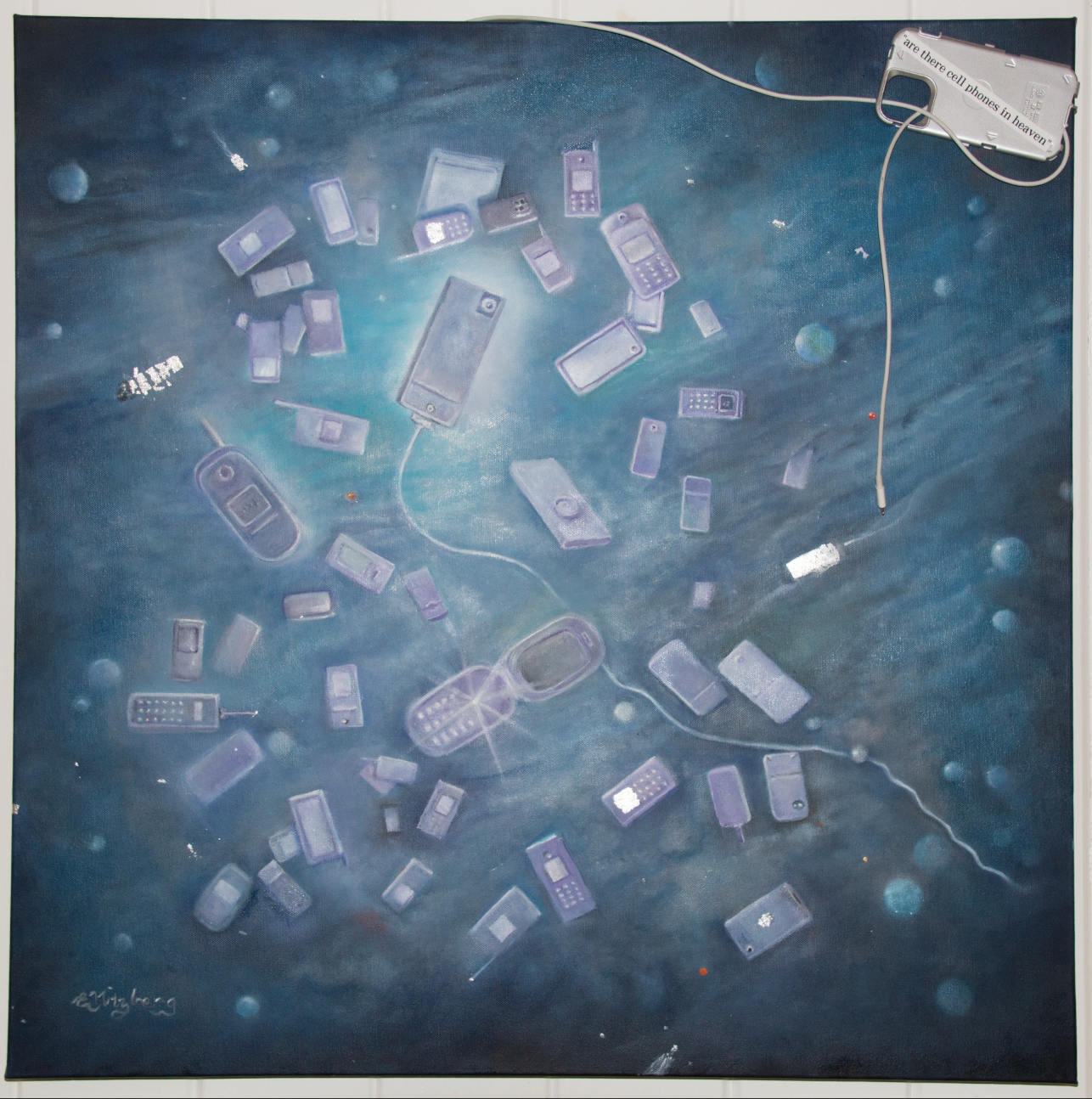 Are There Cell Phones In Heaven, Evelyn Nitzberg, Oil On Canvas, $6000. (30"x30")