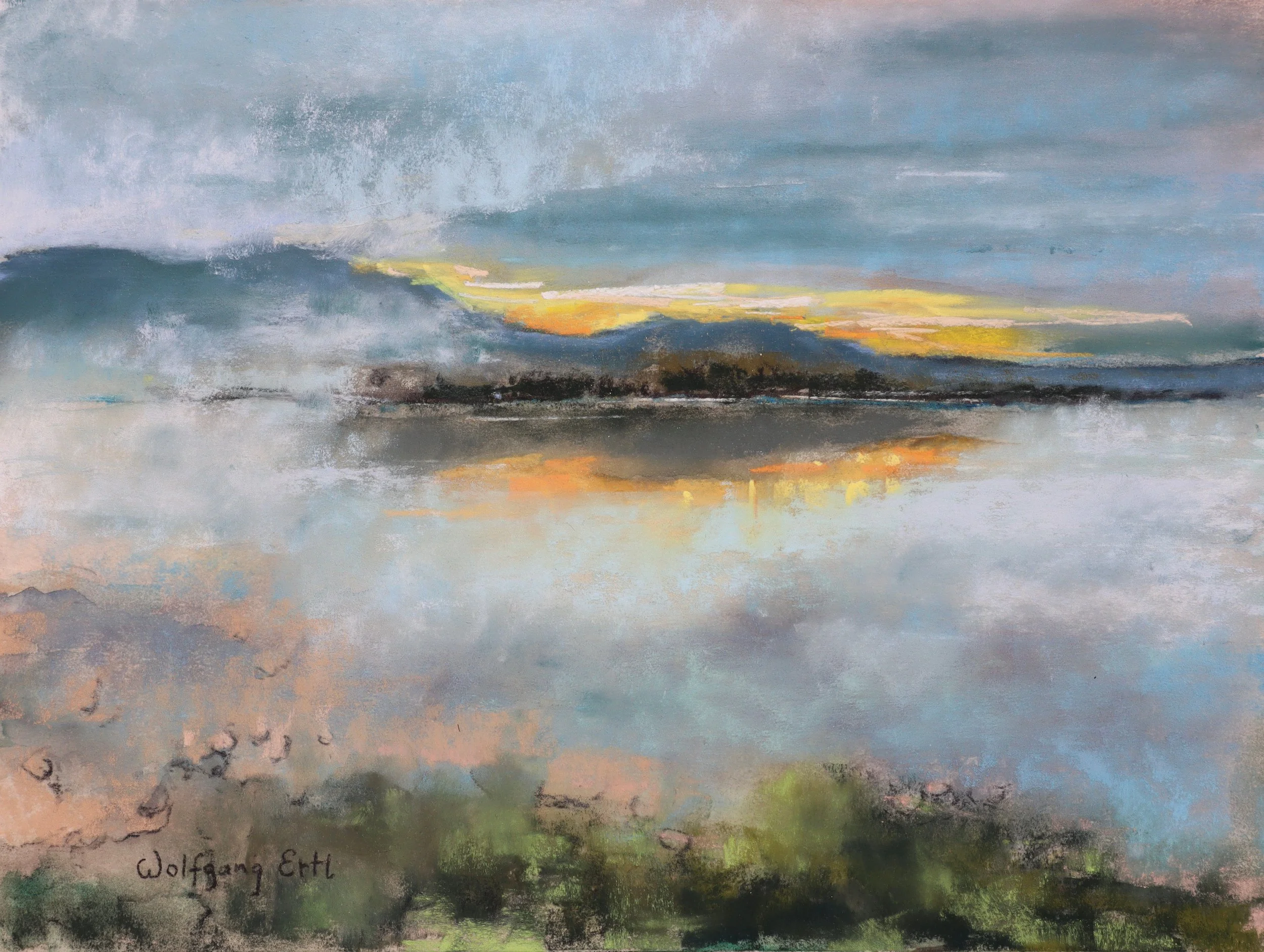 Kochelsee, Bavaria, Fog Lifting, Wolfgang Ertl, Pastel, $500. 12x15"