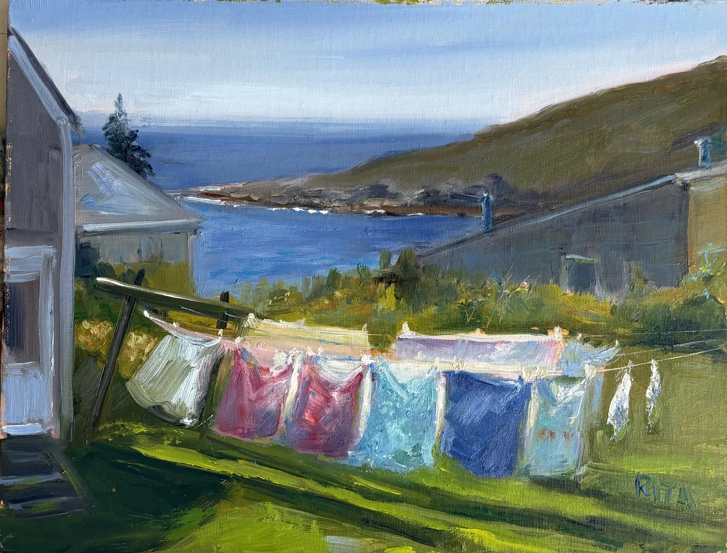 Monhegan Laundry Day, Rita Pomerleau, Oil on Linen Panel, $450.