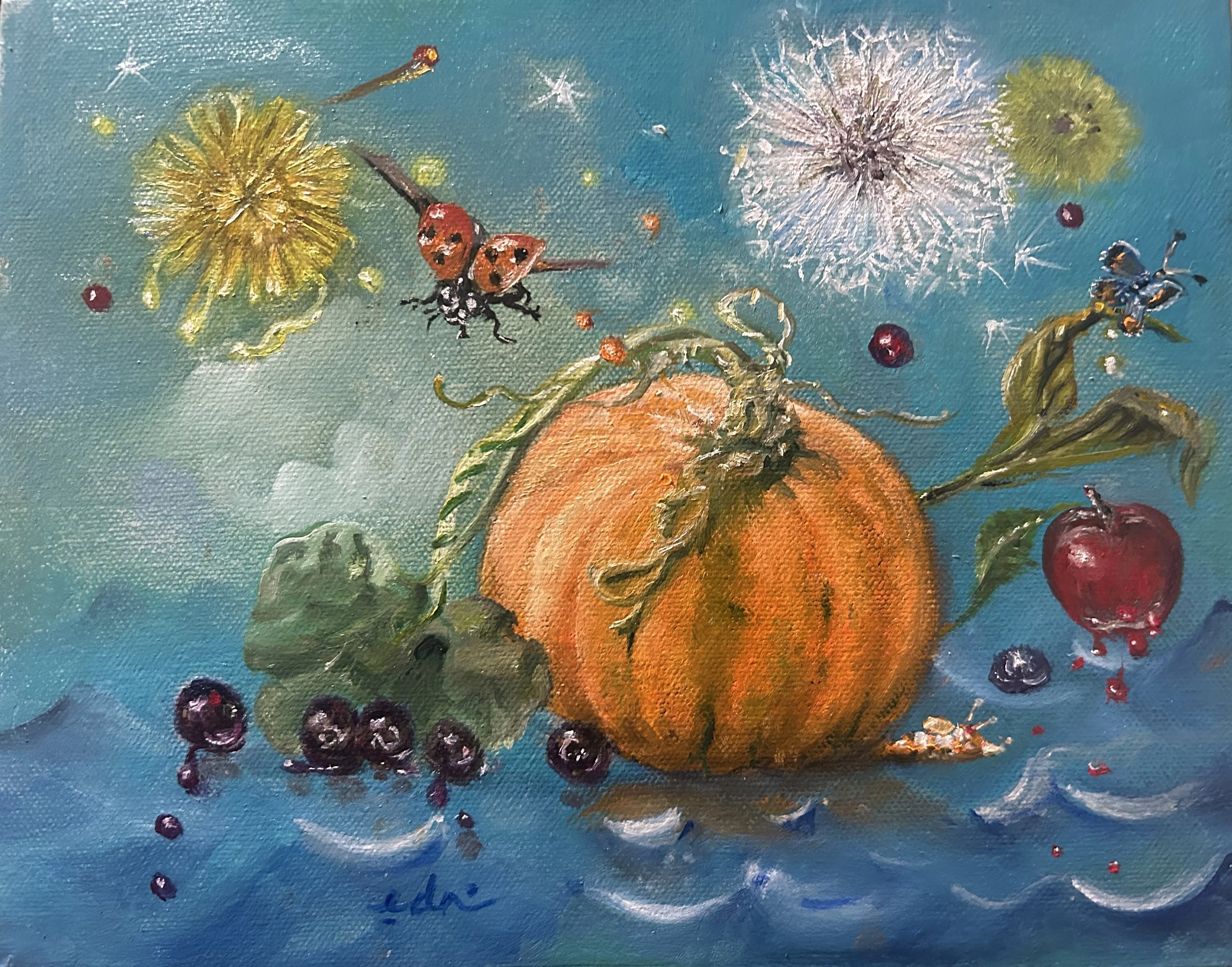 Photons at Play, Evelyn Nitzberg, Oil on Canvas, $525. (10x11")