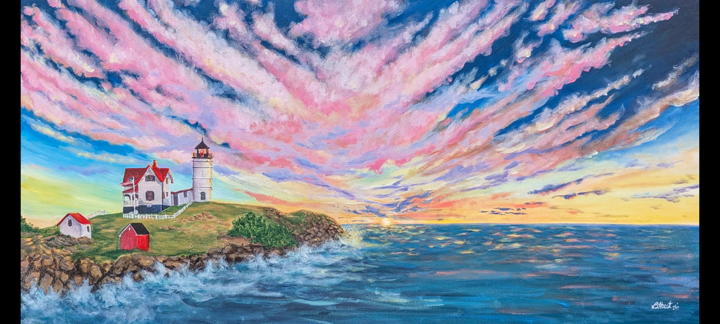 Nubble's Early Light, Brittany Horst, Acrylic on Canvas, $2300. 24x48"