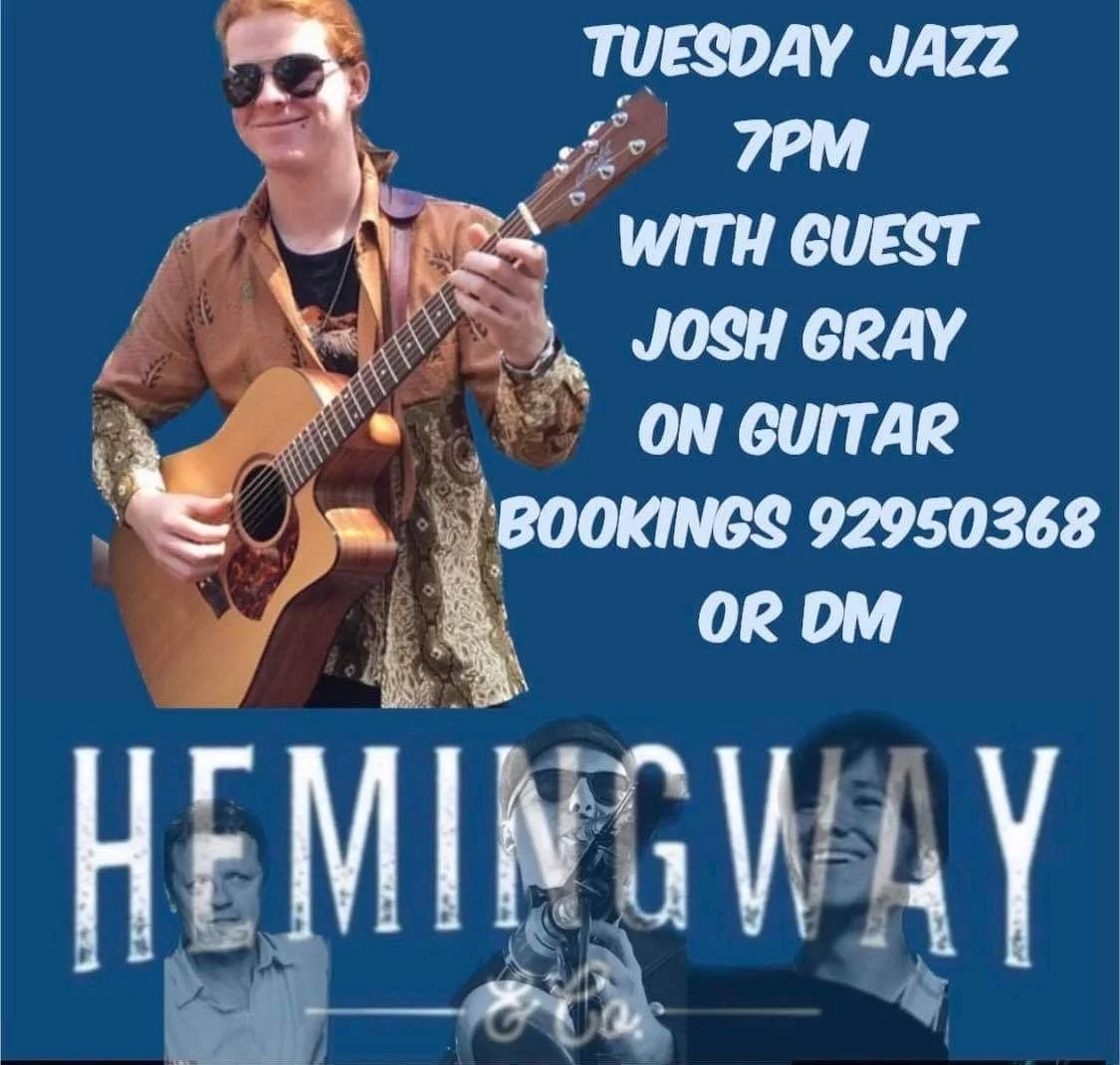 Tuesday night, playing some tunes with @damian_drac_denyer Danny Moss Jnr and William Chiew! 

7 pm at @hemingwayandcobar see you there! Cheers!