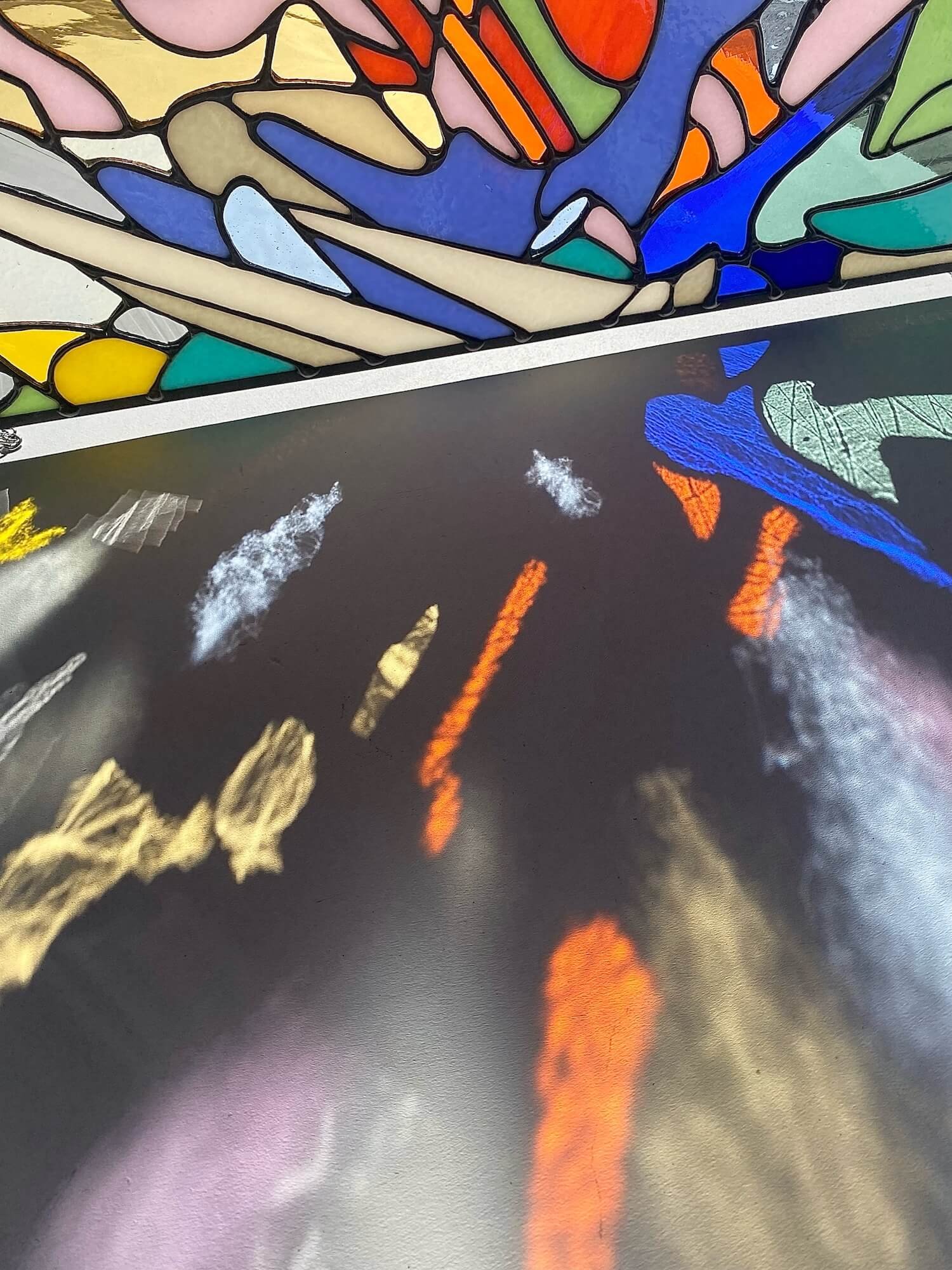 Abstract stained glass panel made by Ann Weinheimer in Wheat Ridge, Colorado.