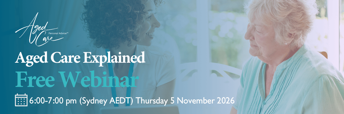 Wording promoting the upcoming webinar over an image of an elderly woman chatting to an aged care adviser