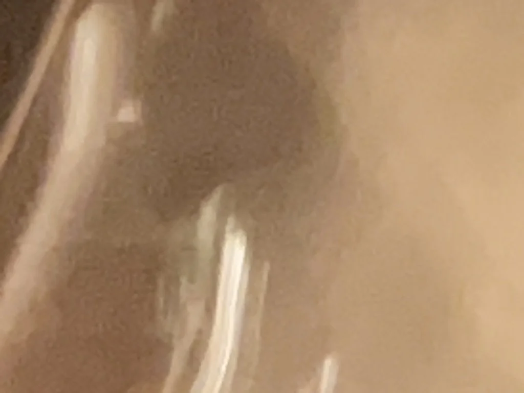 A blurry, dark shot of a person with curly hair in a room with brown walls.