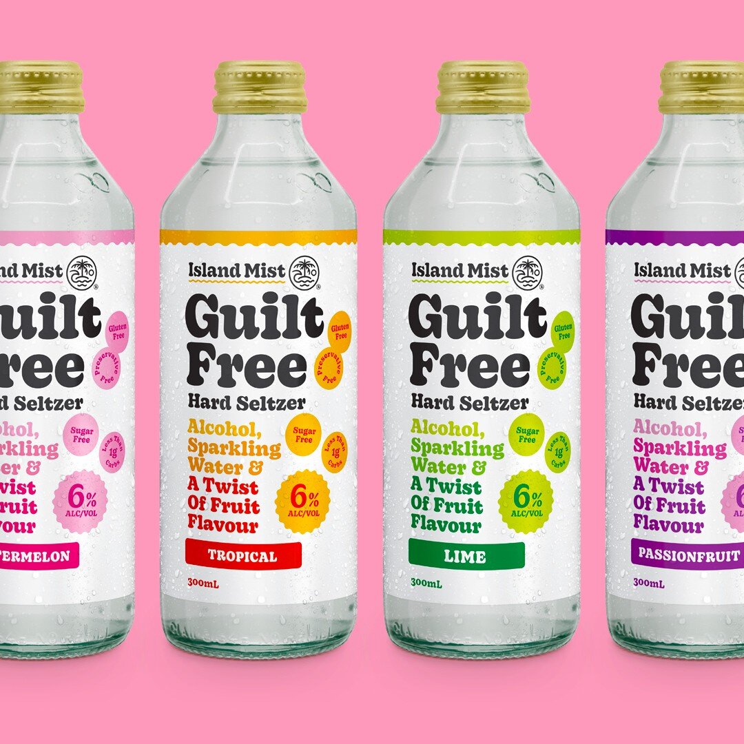 Tasty packaging for tasty seltzers! Our label design for Island Mist&rsquo;s Guilt Free range of seltzers utilised bright pops of colour to cue flavour as well as highlight the &lsquo;Guilt Free&rsquo; claims scattered around the label. And they look
