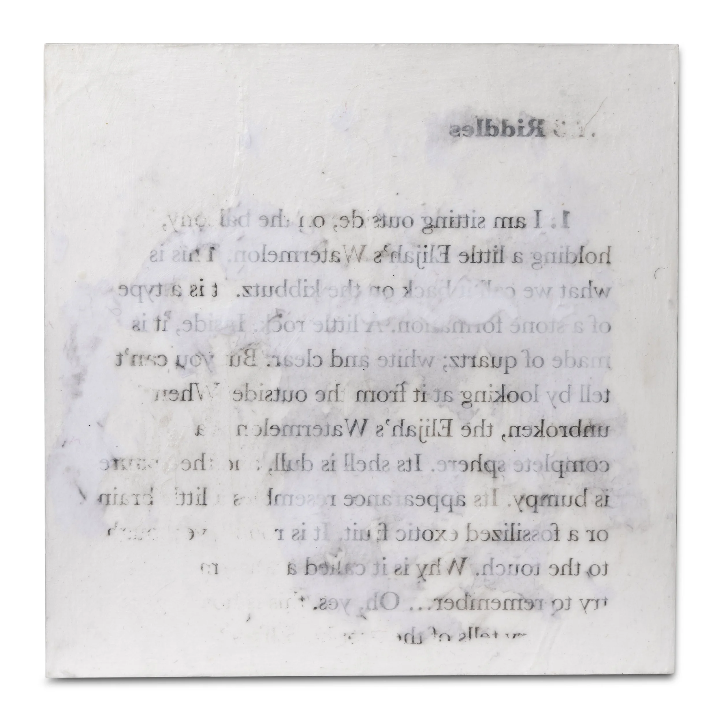 Riddles Text #2, print on wood panel, 8"x8"x1"