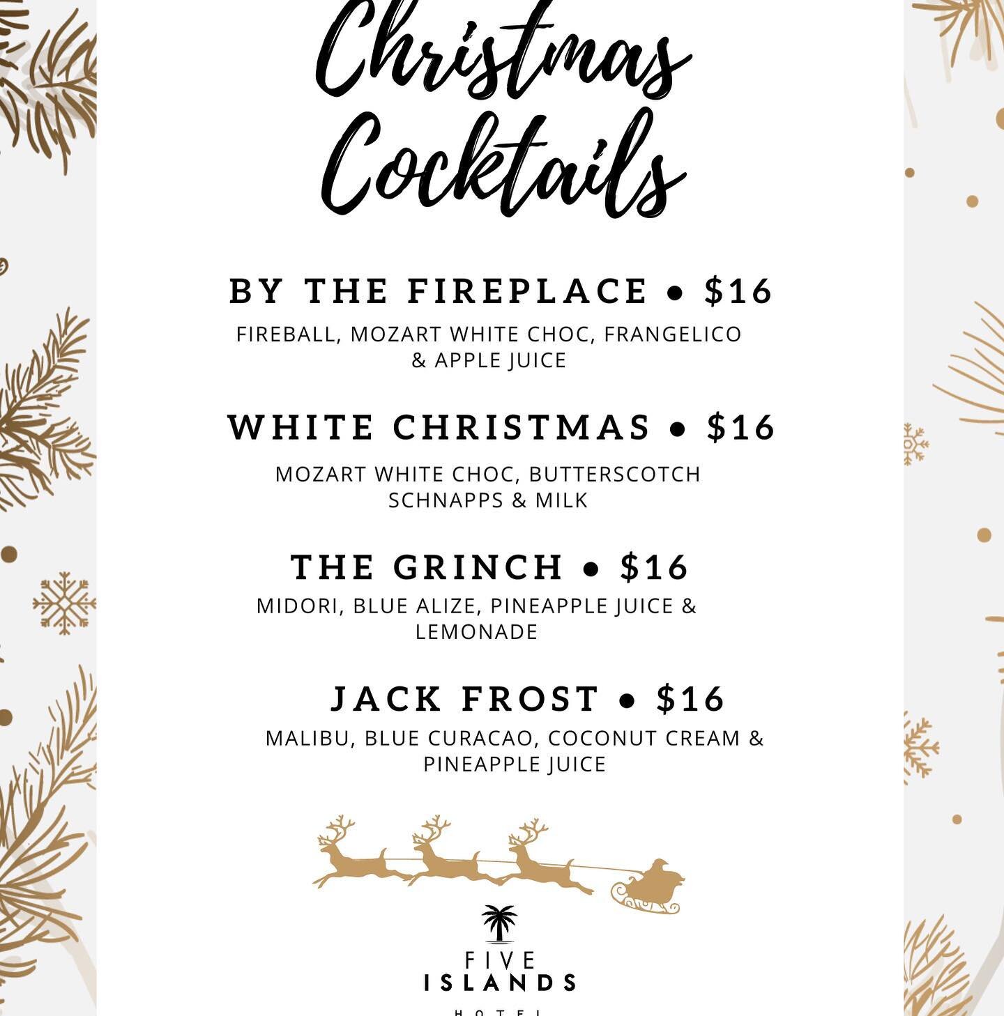 Give yourself a little more of that Christmas joy with one of our 4 Christmas cocktails! 
Available for the rest of December! 
🎄 🎄 🎄