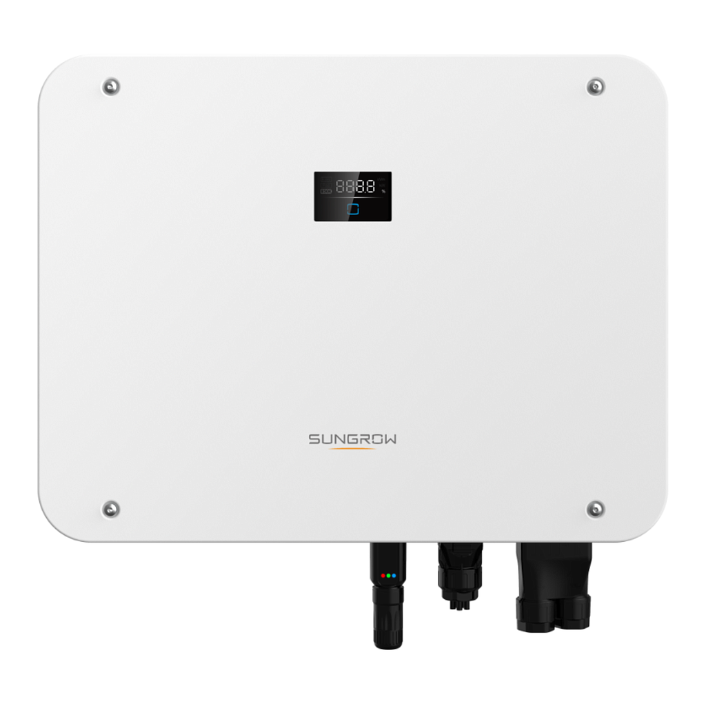 A Sungrow solar inverter with a small display screen and connecting cables at the bottom, branded SunGrow.