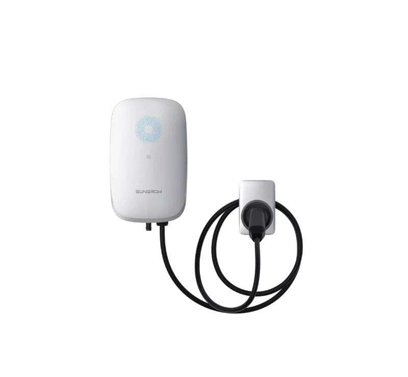 Sungrow EV Charger. White solar power device connected to an electric plug and cable, branded SUNGROW.