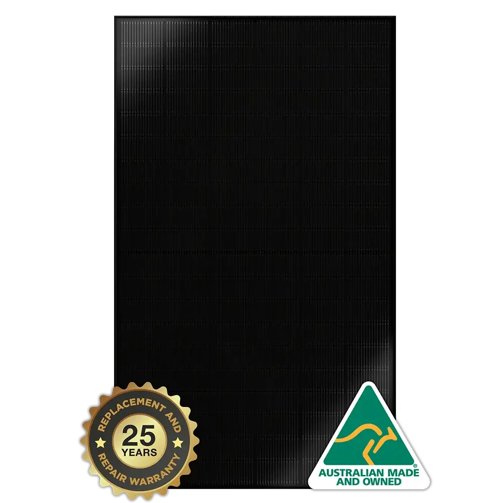 A Tino Walara black solar panel with a gold badge indicating 25 years replacement and repair warranty, and a green and white label stating Australian made and owned.