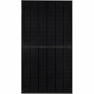 A Jinko 475 Watt all black solar panel. A black solar panel with a grid pattern.