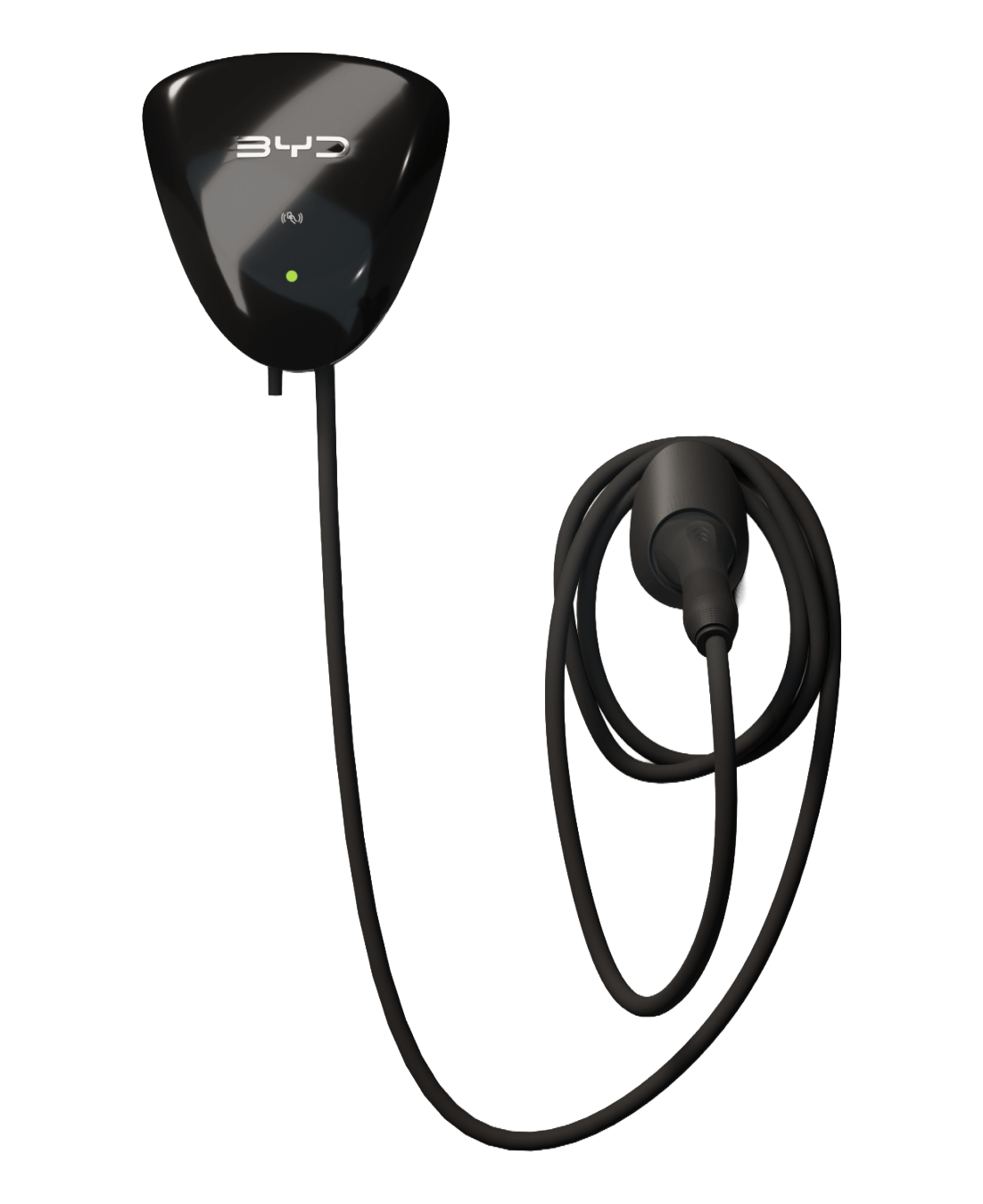 BYD EV Charger. Black electric vehicle charging station with a cord and plug.
