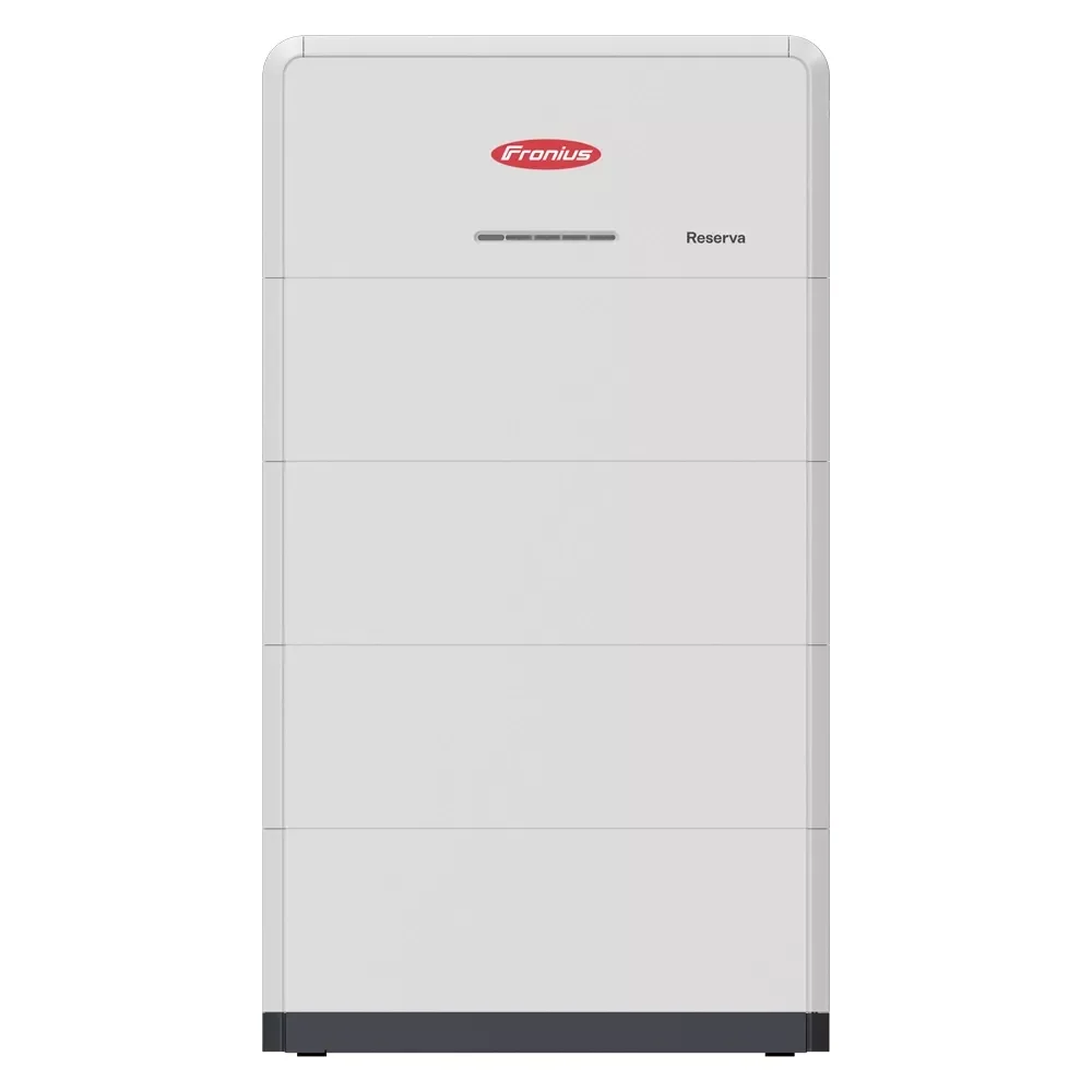 A white Fronius Reserva energy storage unit with a red Fronius logo at the top and a horizontal vent below the logo, standing on a black base.