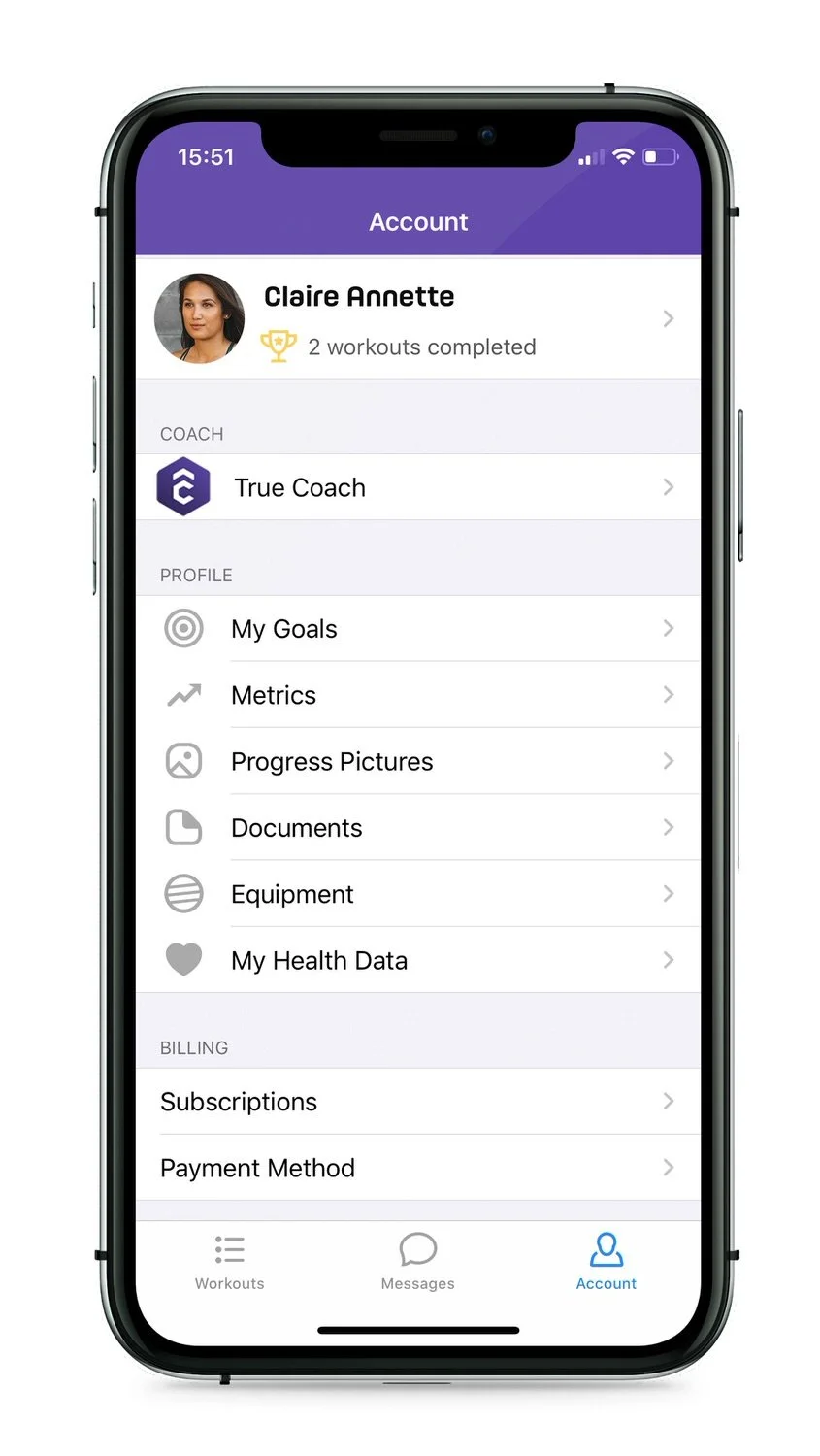 client profile on truecoach app