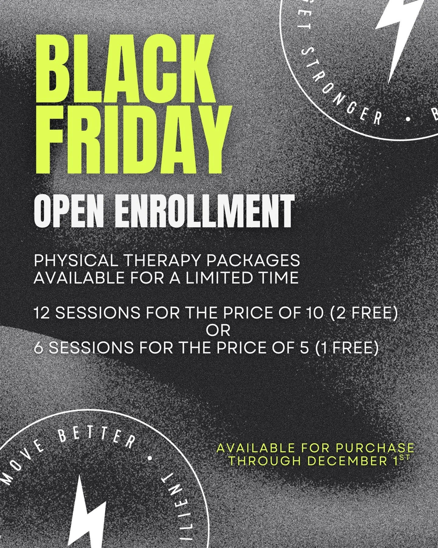 BLACK FRIDAY OPEN ENROLLMENT IS LIVE ⚡️

I&rsquo;m opening up a limited number of discounted 1:1 physical therapy and performance training packages.

If you&rsquo;ve been wanting to start PT, return to training with structure, or stay accountable thr