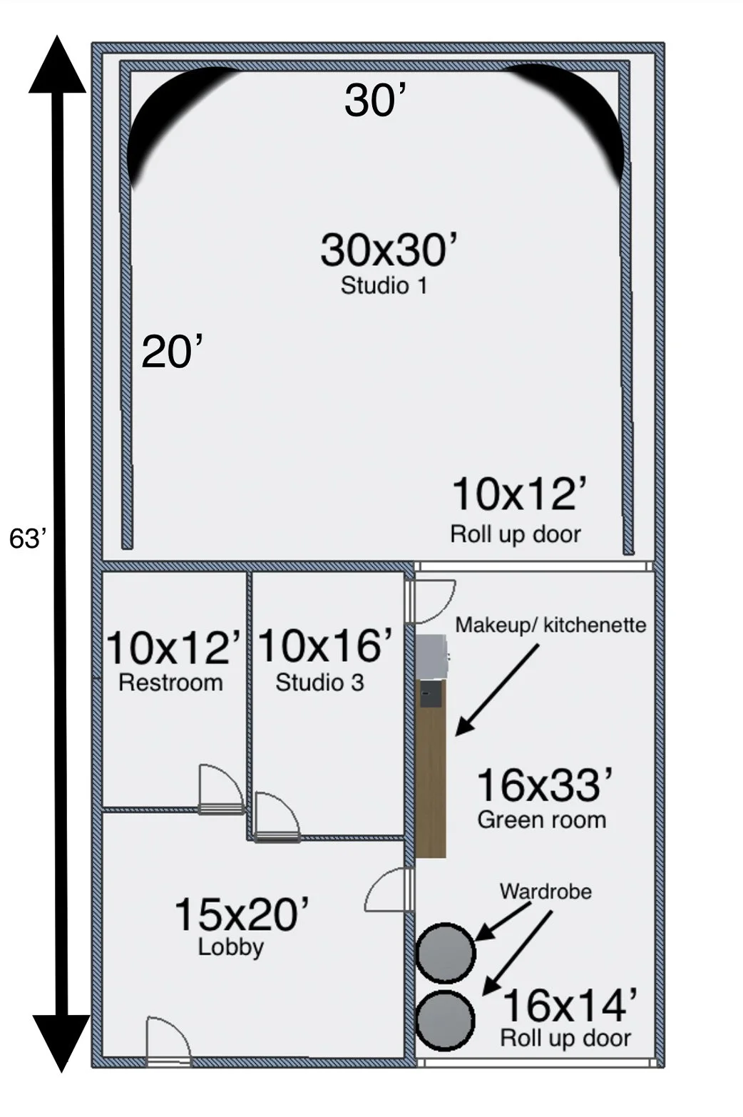 Floor plan of a photography studio with a 30 by 30-foot main studio space, a green room, a makeup/kitchenette area, a lobby, two restroom spaces, and three smaller studios, with illustrations of doors and measurements for each area.