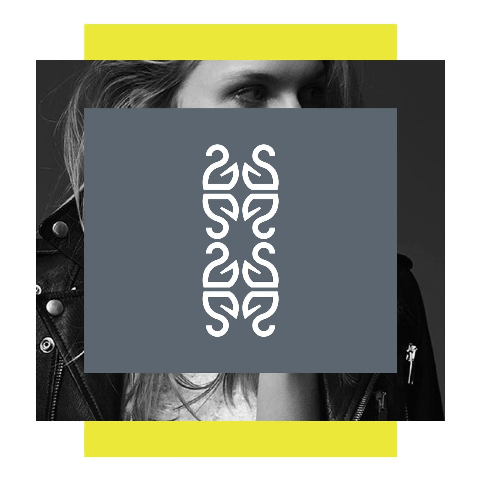 A black and white photo of a person's face, partially covered by a gray overlay with a stylized chain-link pattern, yellow rectangles at the top and bottom, and a small logo in the bottom right corner.