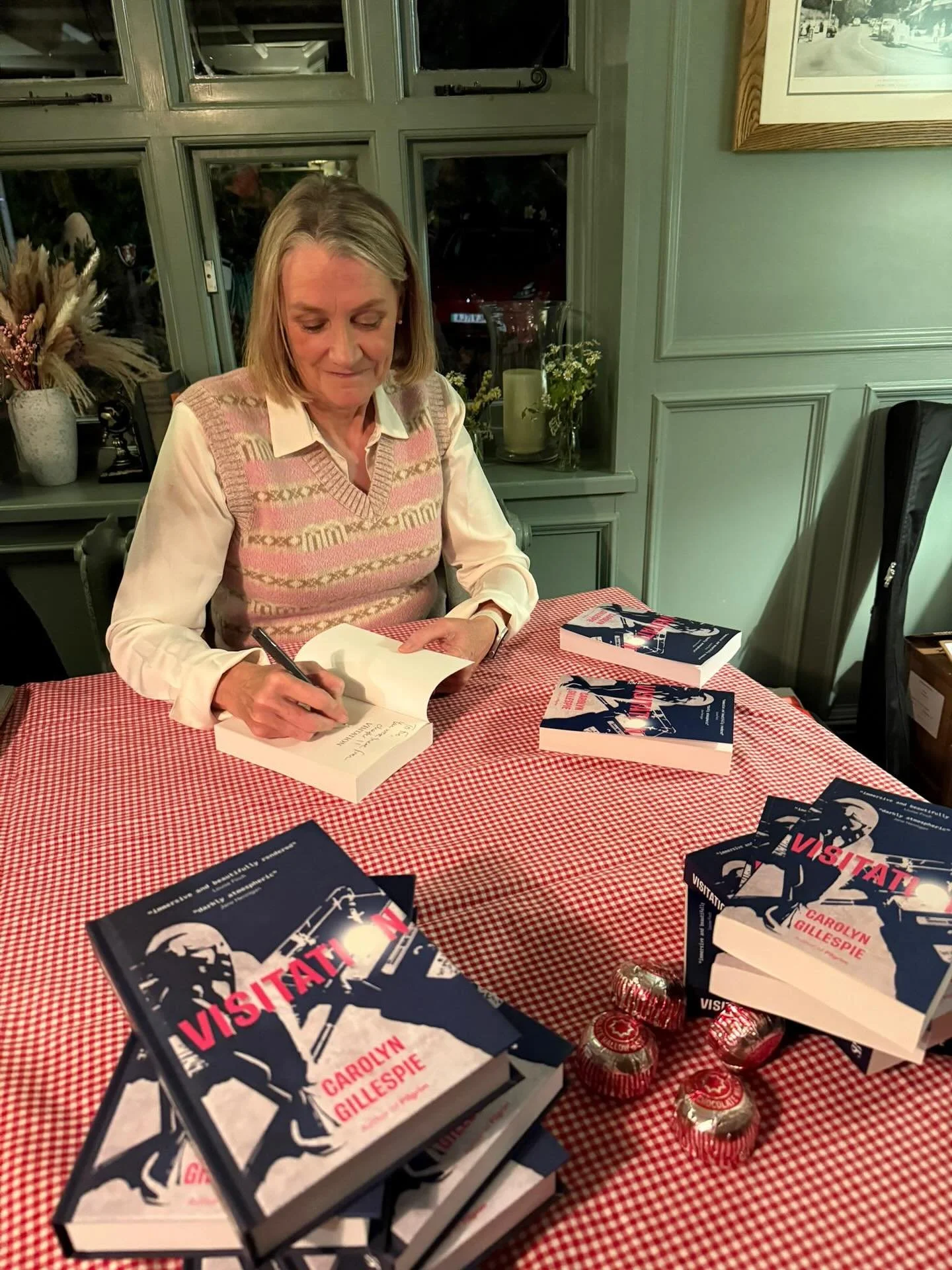 Last night we gathered at @belandthedragonchurt to celebrate the publication day of Visitation- and what a night we had!

I am hugely grateful to have been joined on &lsquo;stage&rsquo; by @clairedix4 - author of Braver than You Think - and Melanie W