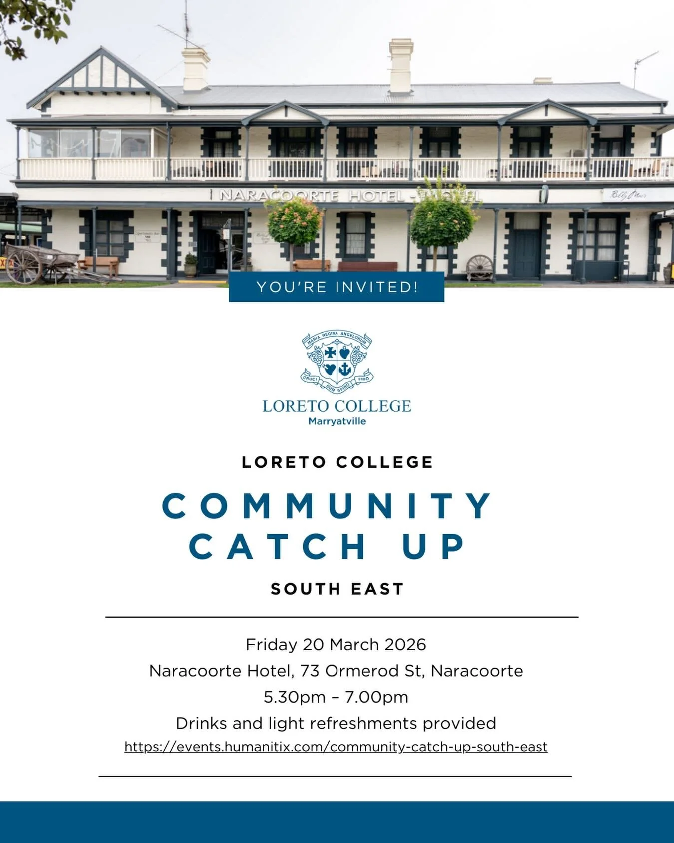 A wonderful opportunity to reconnect with members of our Loreto community in the region. 

Friday 20 March
Naracoorte Hotel
5:30pm

Enjoy drinks and nibbles as we catch up with current families, Old Scholars, past parents, and friends of Loreto.

Lin
