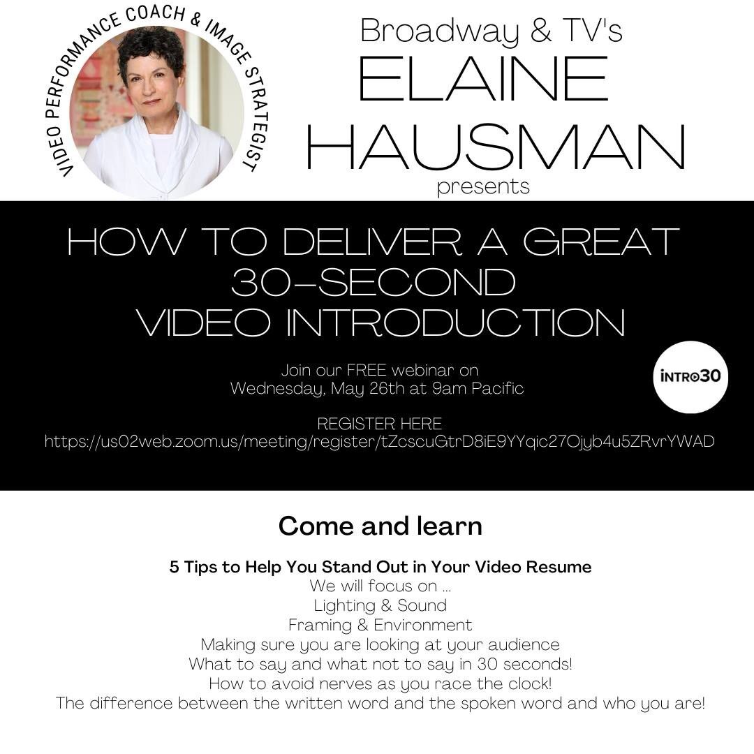 Elaine will be covering 5 Tips to Help You Stand Out in Your Video Resume
We will focus on ...
Lighting &amp; Sound
Framing &amp; Environment
Making sure you are looking at your audience
What to say and what not to say in 30 seconds!
How to avoid ner