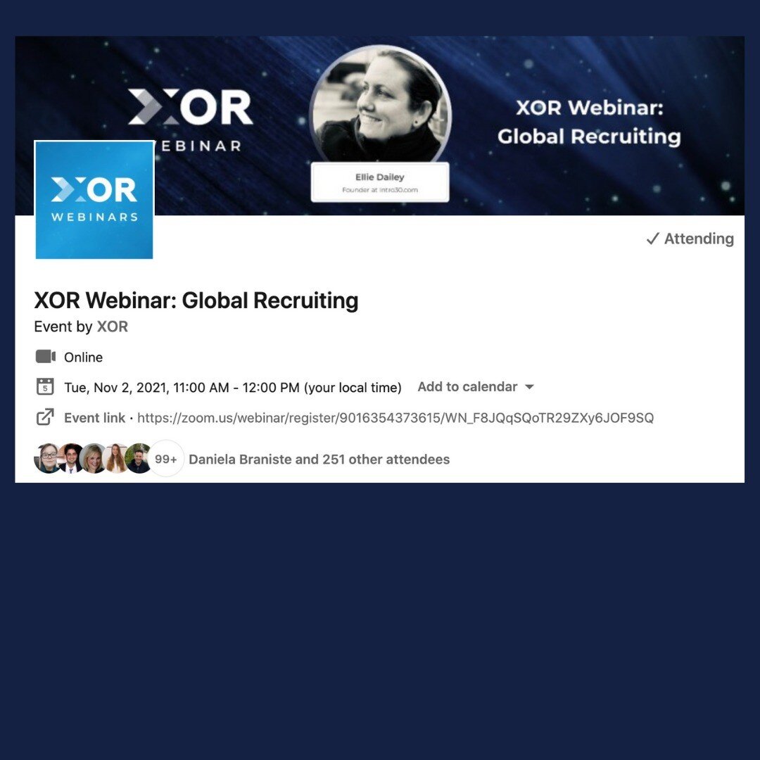 Very honoured to be invited to speak about what I've learned through recruiting in 27 countries over the past 18 years. Thank you for the invitation XOR.ai
Join us:
https://www.linkedin.com/events/xorwebinar-globalrecruiting6859222241410899968/
 #int