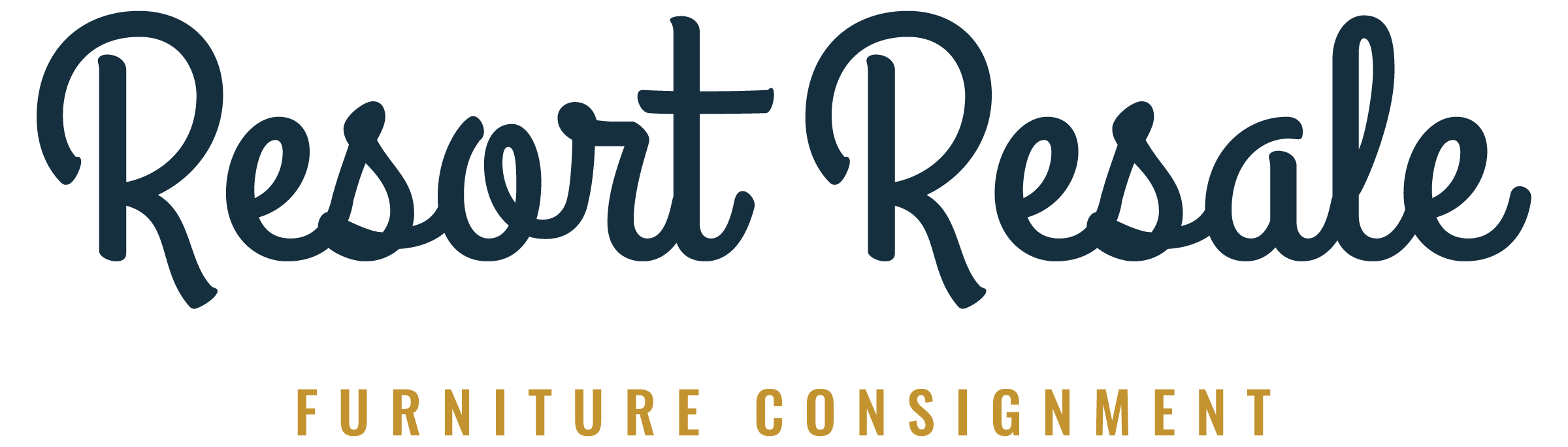 Restock Resale logo with blue cursive text and gold capitalized subtitle 'Furniture Consignment'.