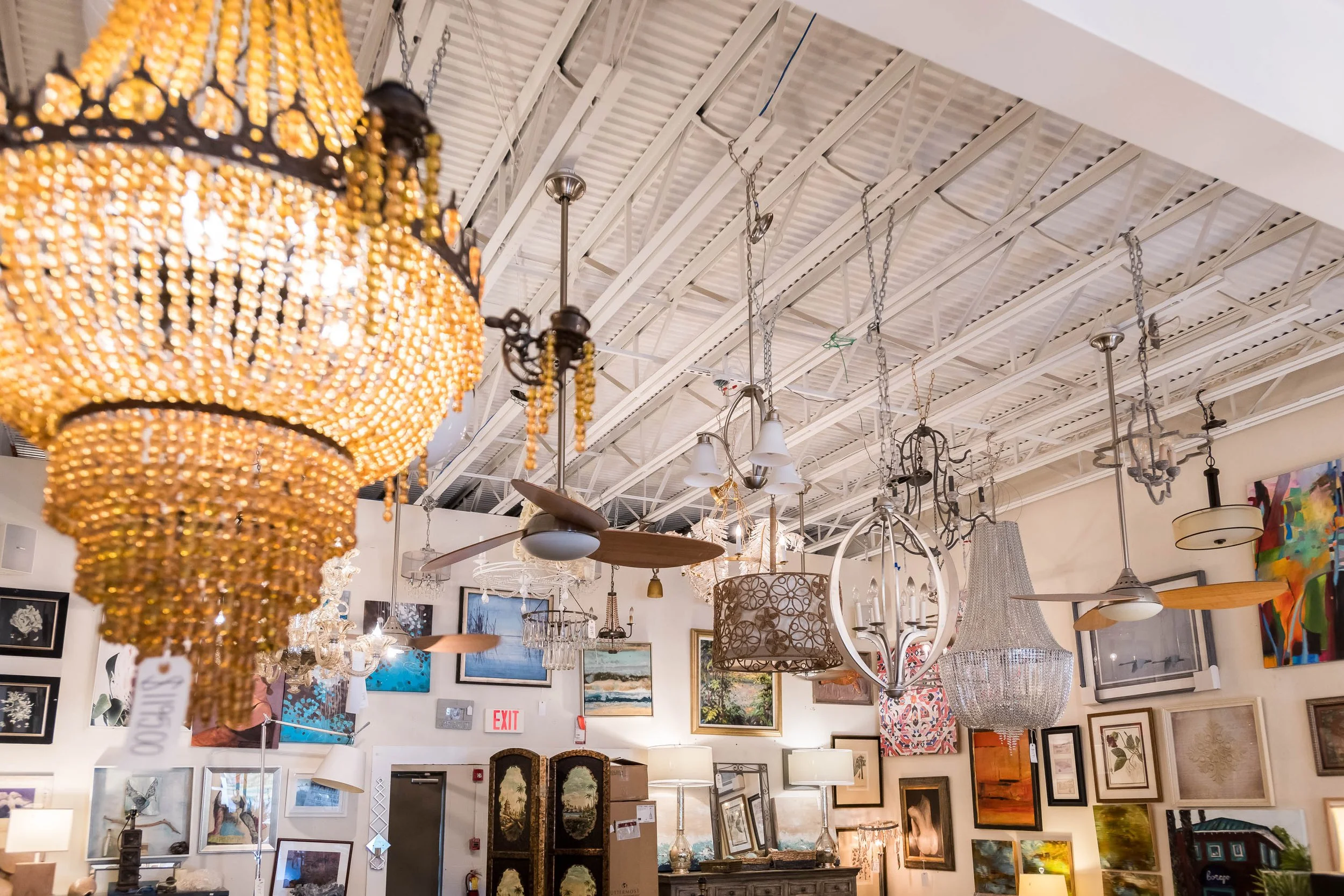 Interior of an art and lighting store showcasing various hanging chandeliers, ceiling fans, and lamps against a wall decorated with framed artwork and paintings.