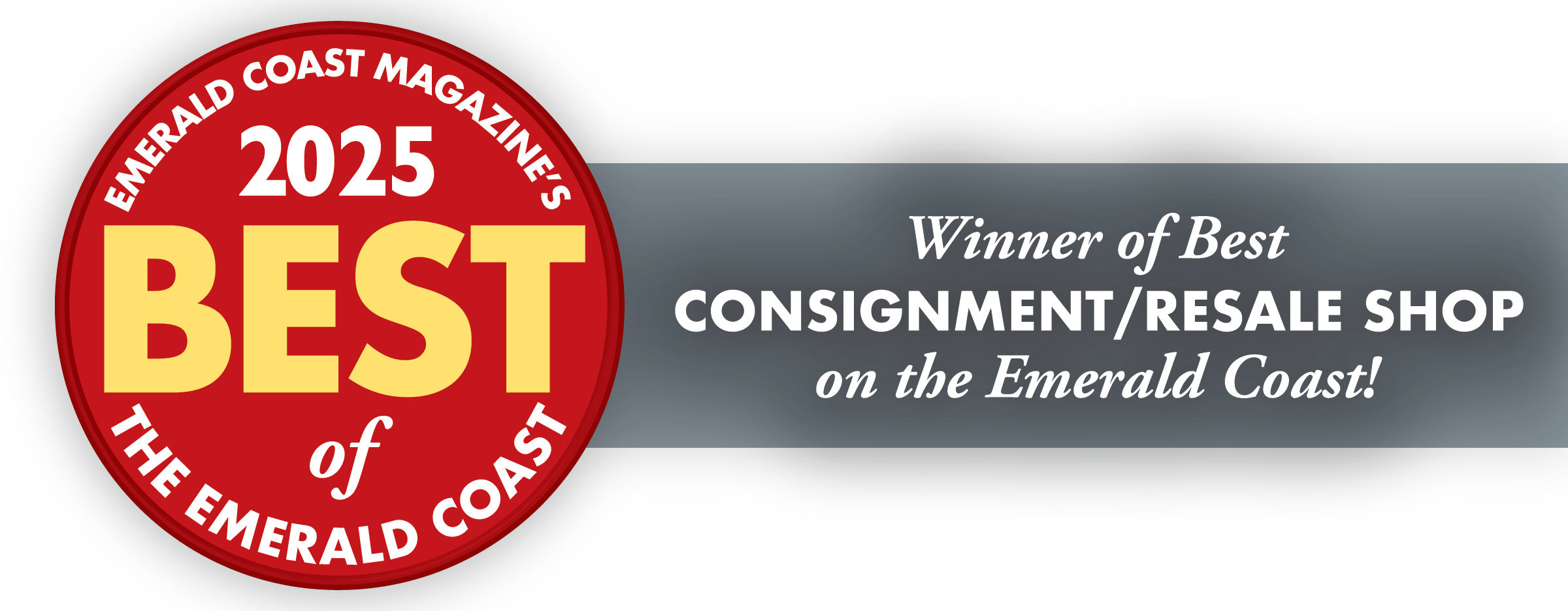 A badge indicating the best consignment/resale shop on the Emerald Coast in 2025, awarded by Emerald Coast Magazine.