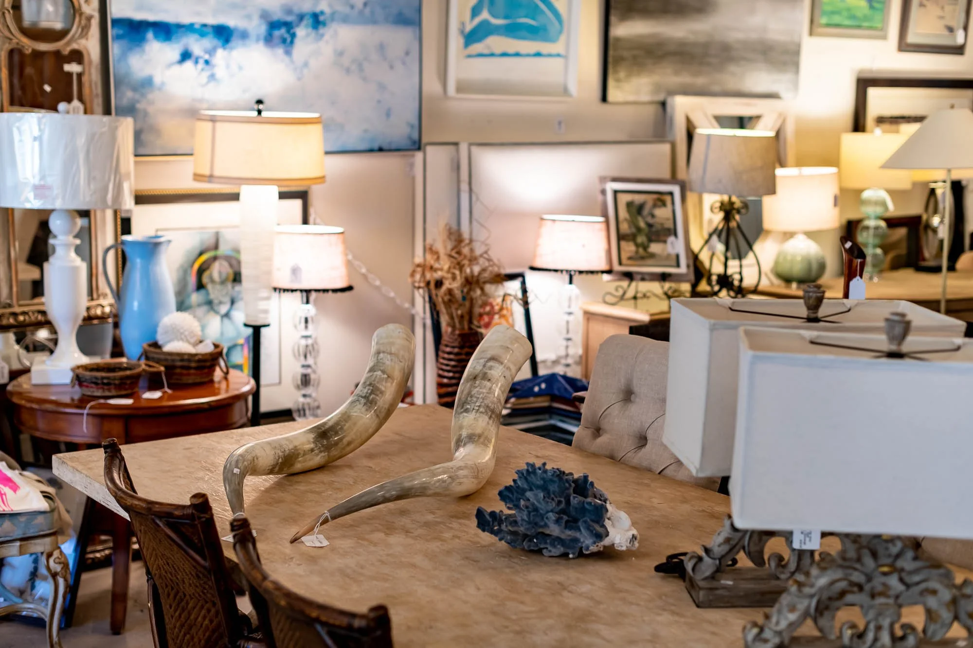 A store display with various lamps, framed art, and decorative items, including a pair of curved animal horns on a wooden table in the foreground.