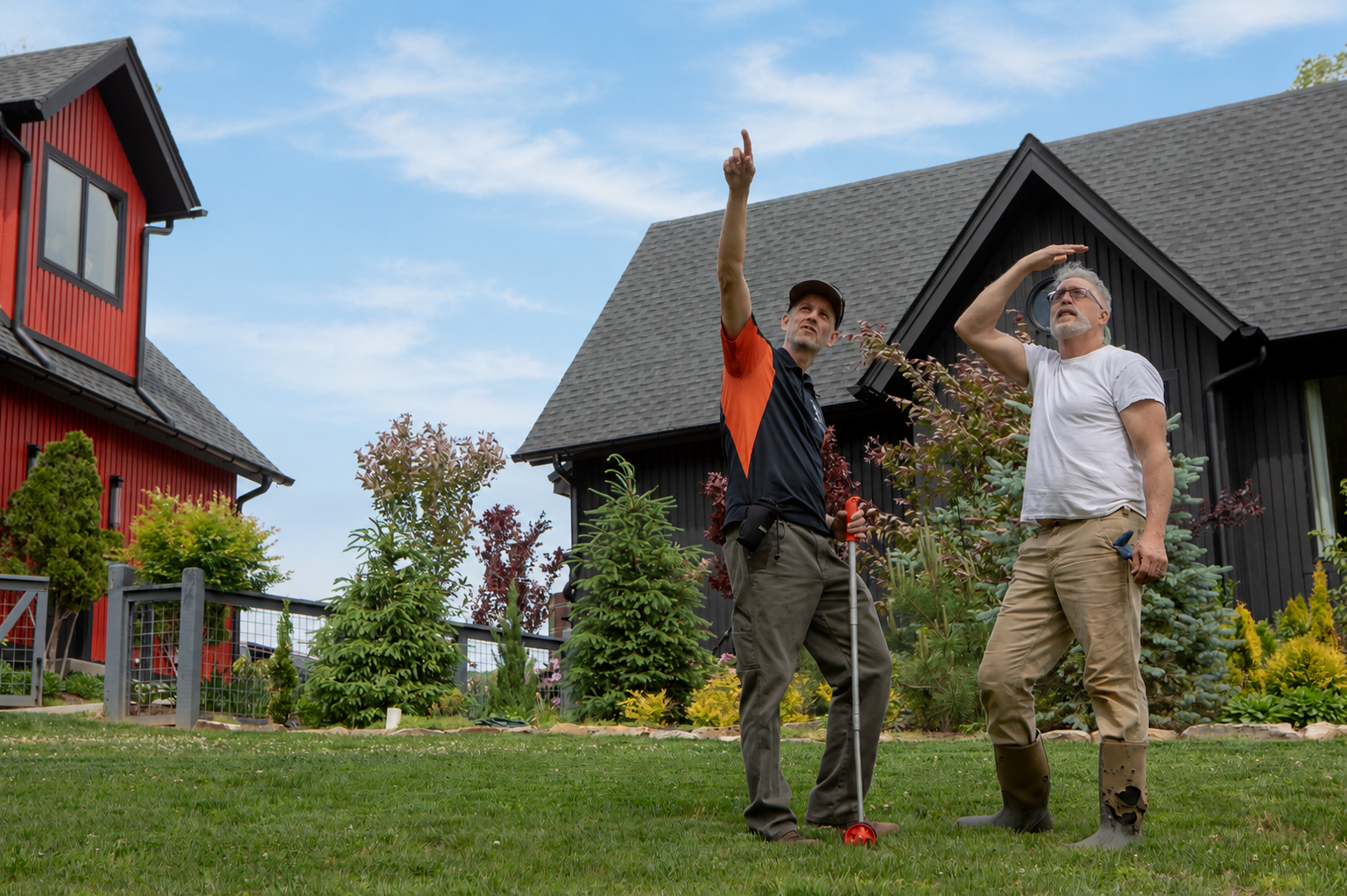 Two men standing on a lawn, one pointing upward and the other shielding his eyes, with a garden and houses in the background.