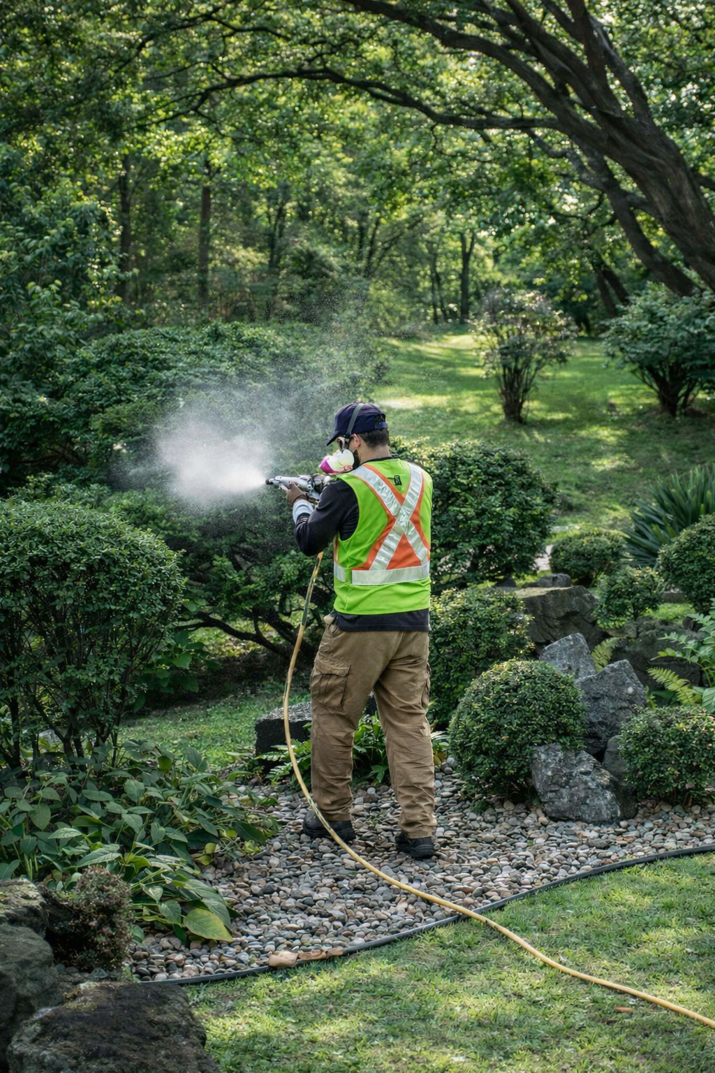 A man wearing a high-visibility vest and hat is spraying pesticide or herbicide on plants in a lush, green garden during the daytime.