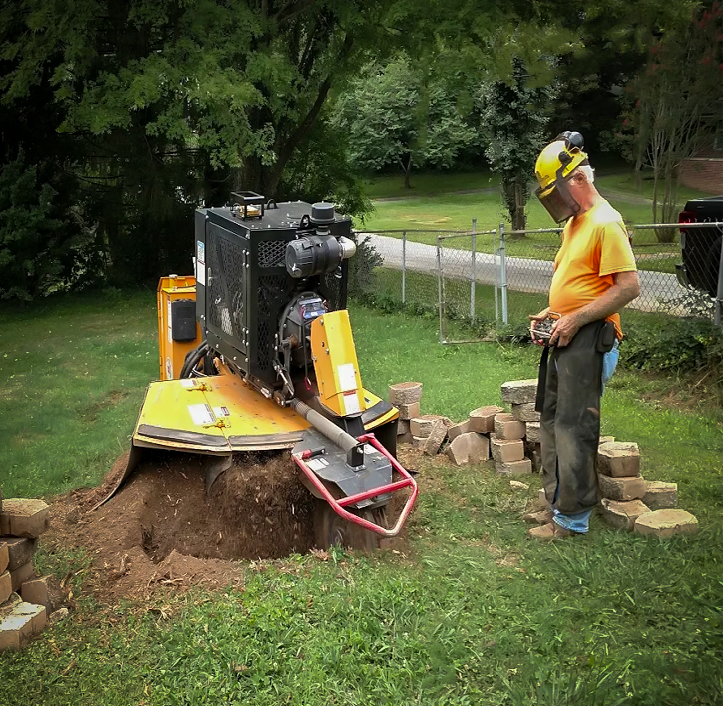 A worker in a yellow shirt and safety helmet operates a small, yellow stump grinding machine next to a tree stump in a backyard. There are bricks piled nearby and a chain-link fence in the background.